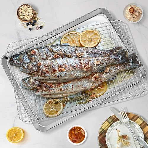 Miniatura 5 de P&P CHEF Juego de bandejas para hornear con estante, bandeja de media hoja de 17.5 pulgadas y estante de enfriamiento, bandeja de galletas de acero