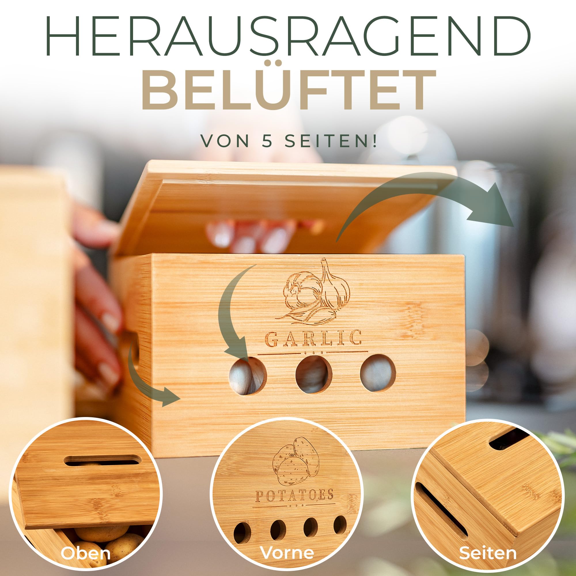 Premium Kartoffel Aufbewahrungsbox [3er Set] – Längerfrische Kartoffel Aufbewahrung, Knoblauch und Zwiebel Aufbewahrung – Bambus Holz Kartoffelbox, Zwiebeltopf, Knoblauchtopf