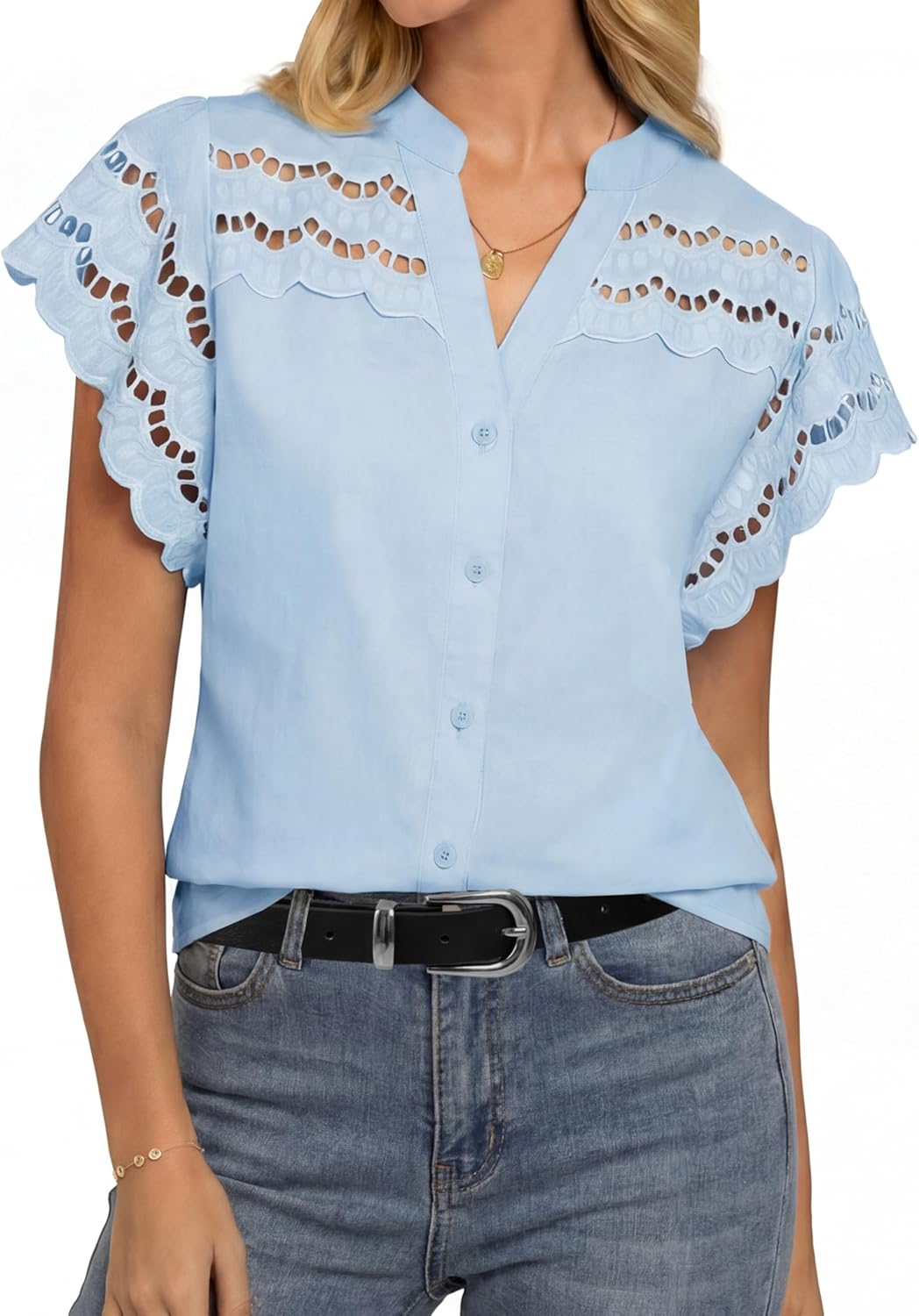 GRACE KARIN Womens Summer Tops Cotton Linen Eyelet Flowy Blouses Beach Vacation V Neck Button Down Shirts Trendy Clothes 2026