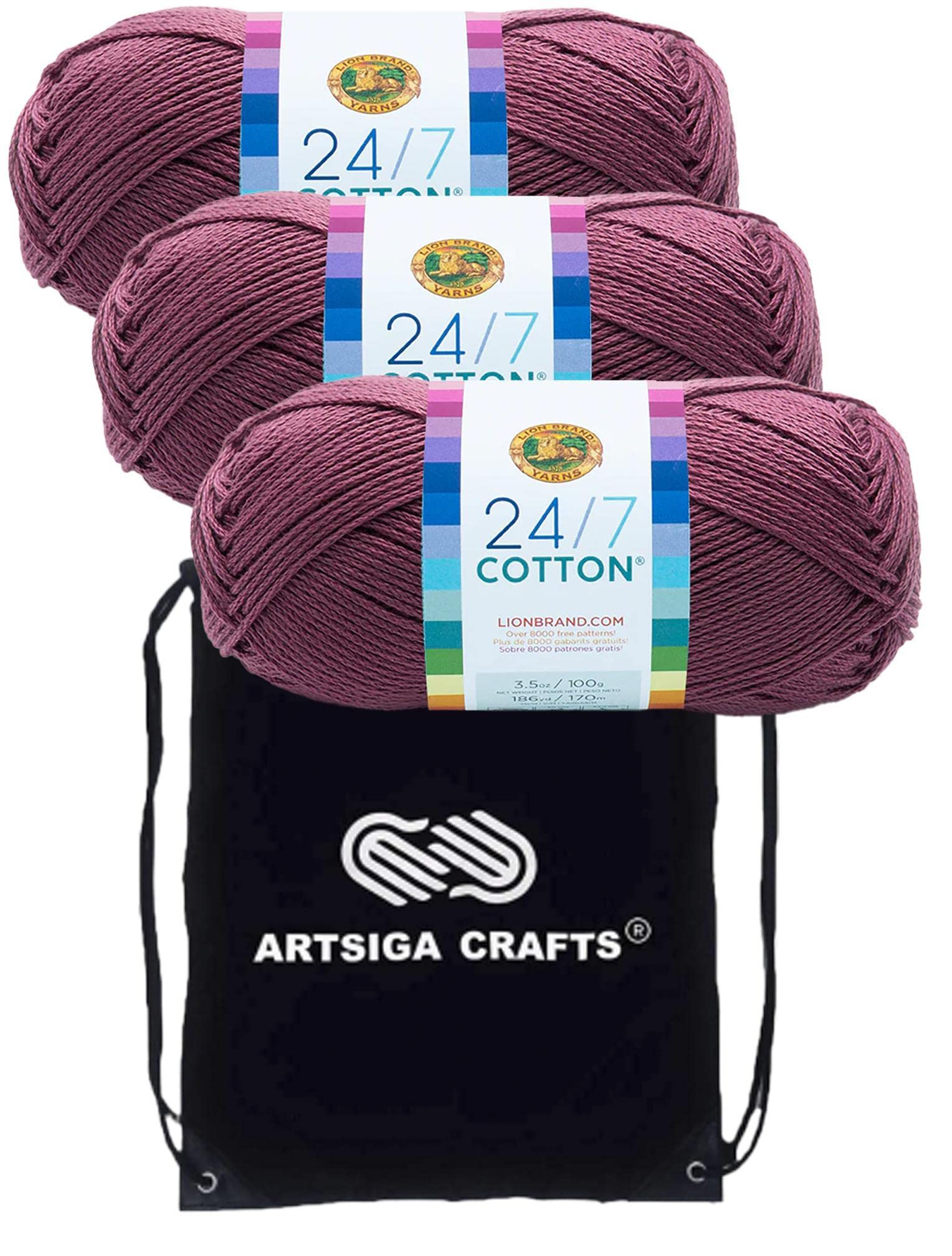 Lion Brand 24/7 Cotton Lilac 761-143 (3 Knäuel – gleiche Farbstofflose) Kammgarn, Größe M, #4, Baumwollgarn zum Häkeln und Stricken, mit Projekttasche