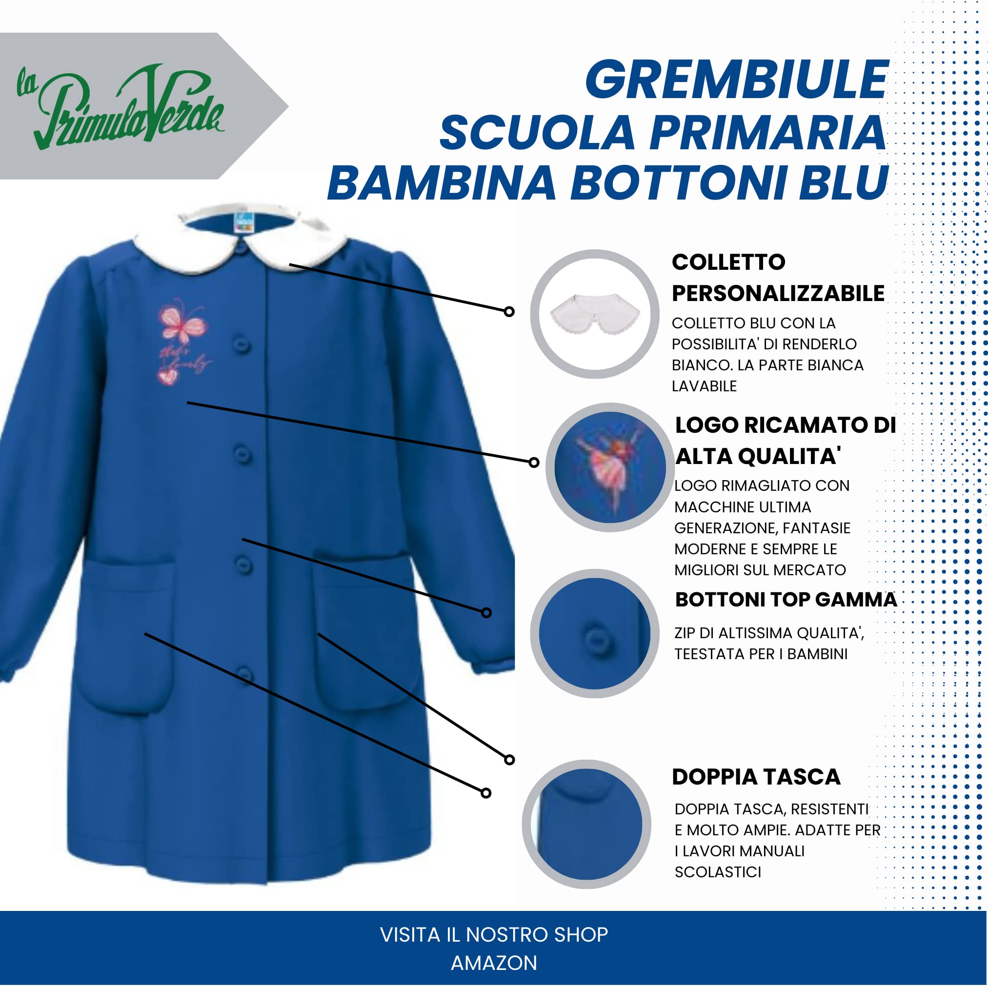 La Primula Verde, Grembiule Scuola Elementare Infanzia da Bambina, Blu, Bottoni, Con e Senza Logo, dai 6 ai 15 anni. Colletto Siggi Bianco acquistabile a Parte per Elementari e Medie