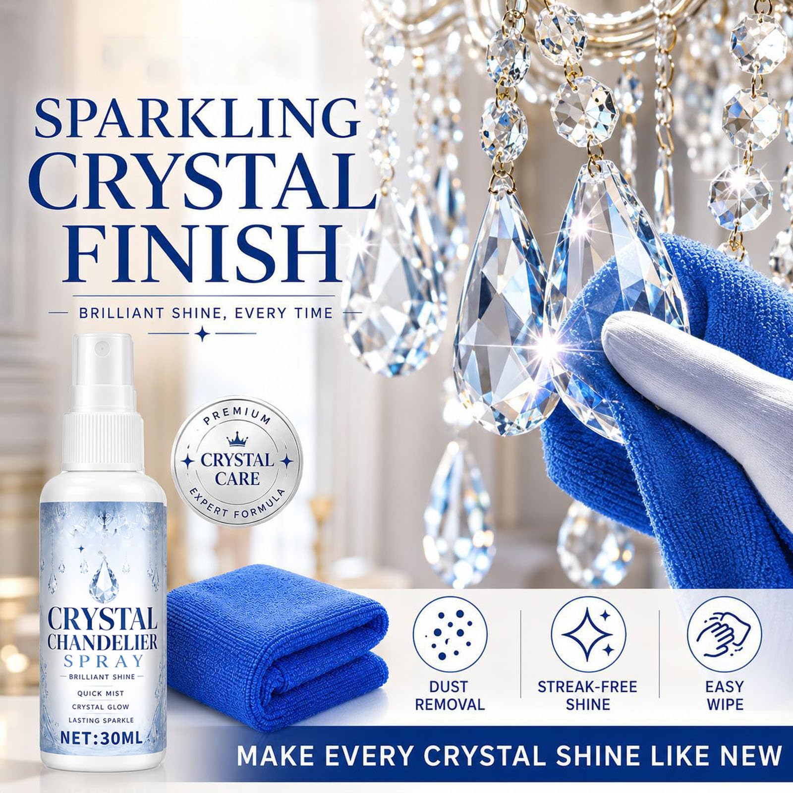 Detergente per lampadari in cristallo, spray detergente per vetri senza strisce, rimuove la polvere e ripristina la lucentezza su applique e luci a sospensione, vetro e apparecchi di (16PCS)