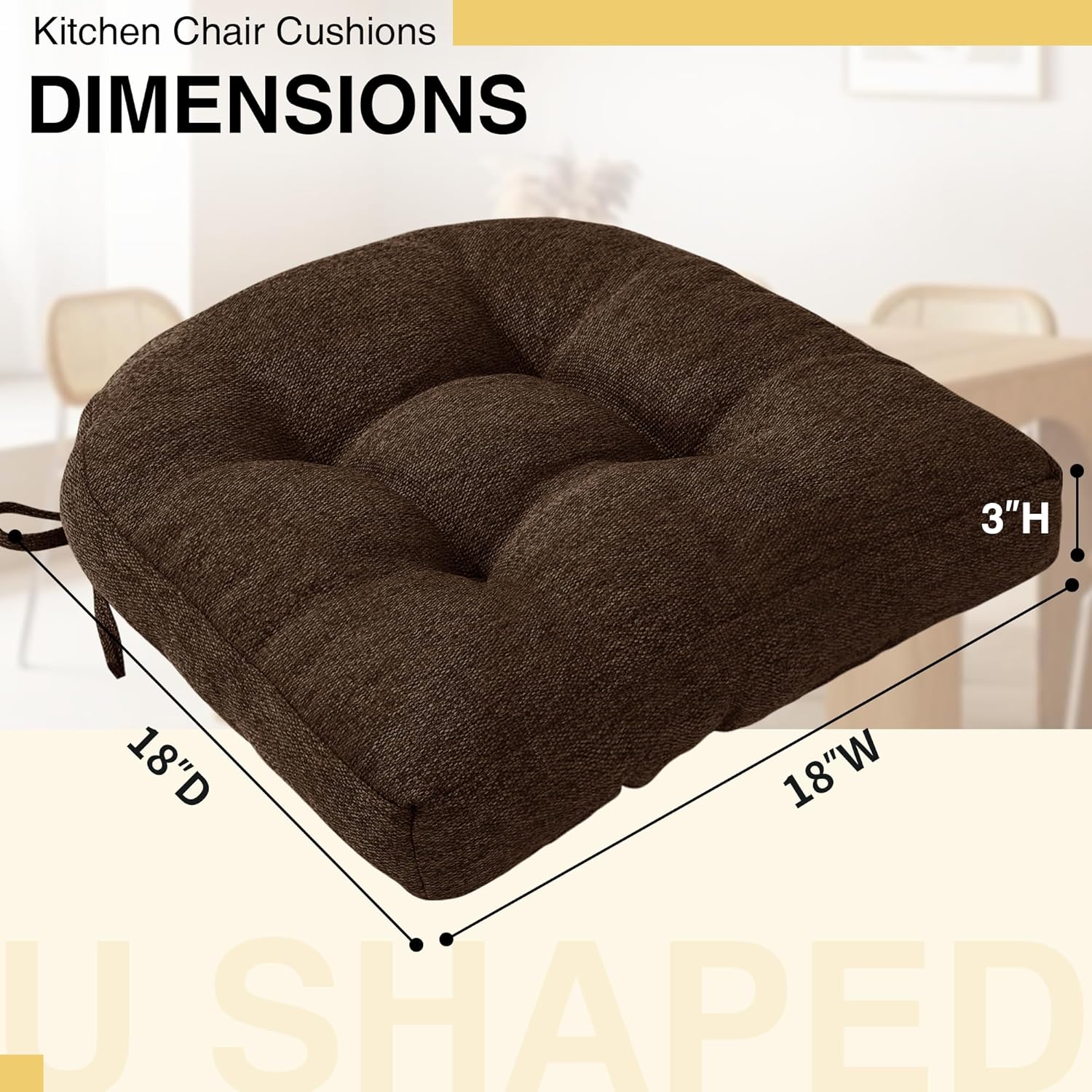 Tromlycs Chair Cushions for Dining Chairs Kitchen Seat Cushions Room Set of 4 Pads with Ties Indoor Non Slip Office 18 x 18 Inch, Dark Brown