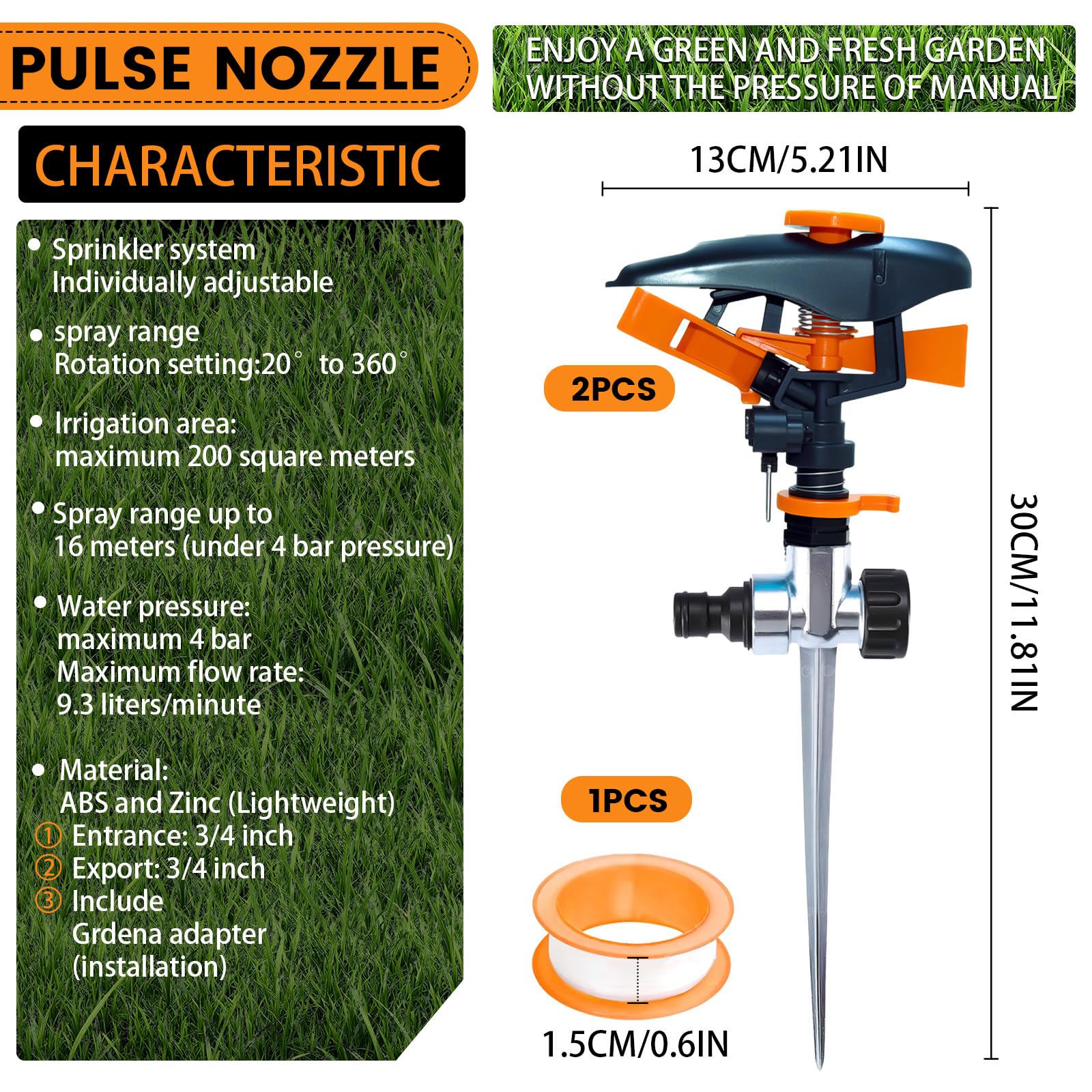 2 Pcs Aspersores de Riego Cesped Giratorio, dellyy Riego Jardin, Aspersores Tejado, Riego por Pulso, Aspersor Sectorial 3/4, Jardin Sectorial para Plantas Flores Verduras