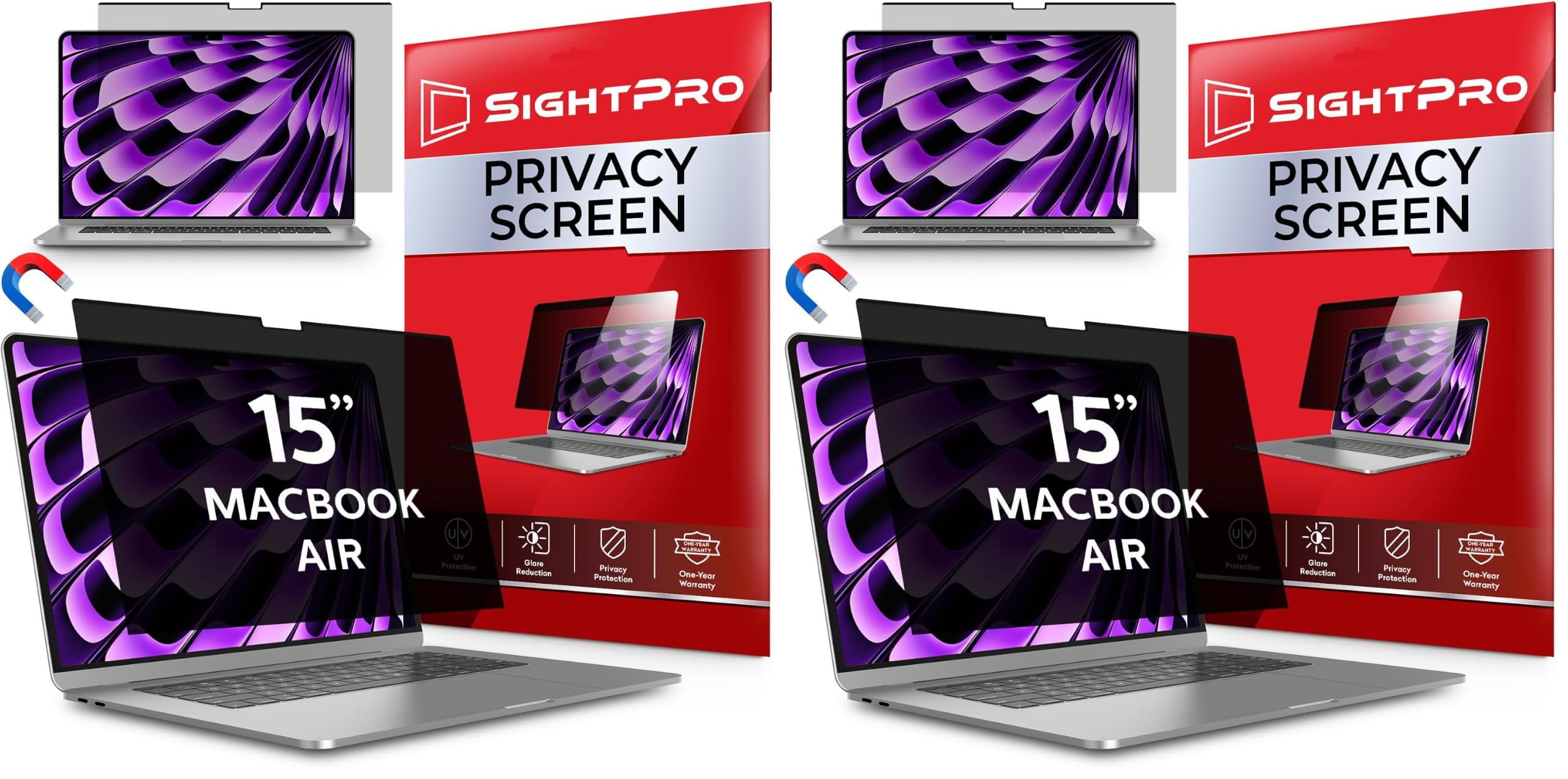 SightPro Magnetic Privacy Screen for MacBook Air 15 Inch (2023-2026, M2-M5) Patented Removable Laptop Privacy Filter Shield and Protector (Pack of 2)