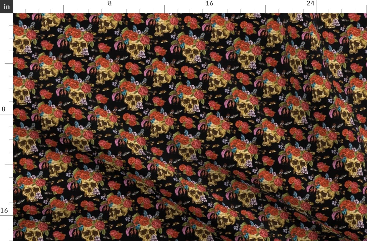 Spoonflower Fabric - Skulls Flowers Roses Moths De Day Dead Printed on Organic Cotton Sateen Fabric by The Yard - Sewing Quilting Apparel Home Decor