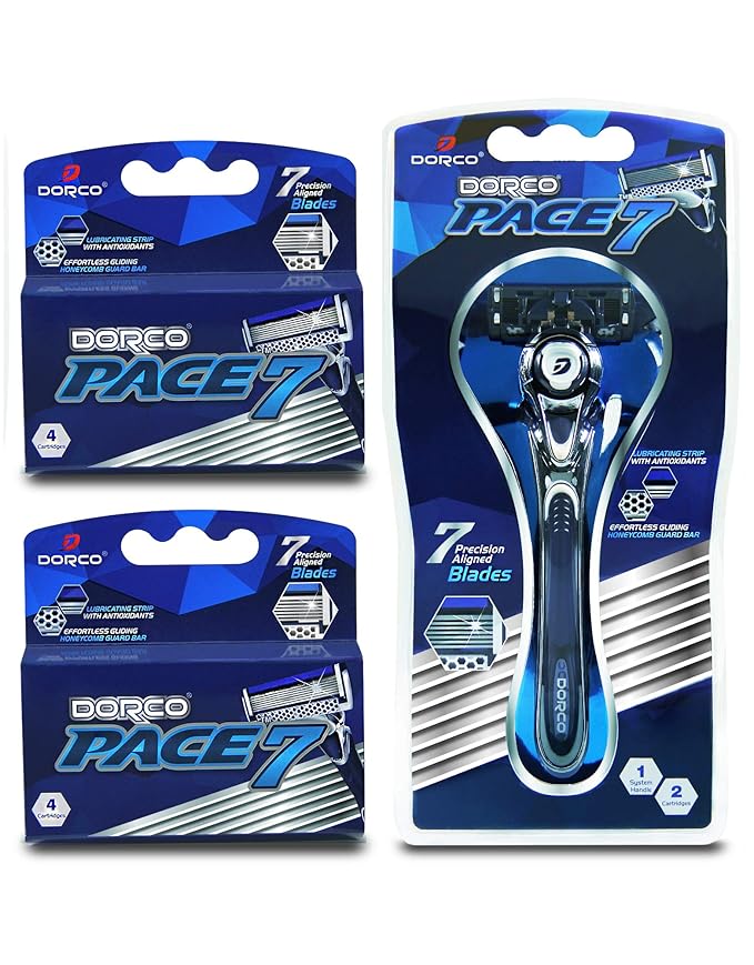 Dorco Pace 7 Shaving Razor System for Men with Seven Curved Blades Value Pack