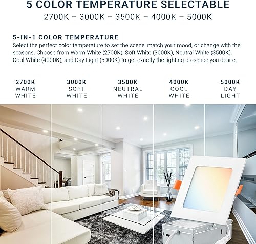 Miniatura 3 de PARMIDA - Paquete de 6 luces LED empotrables cuadradas 5CCT de 4 pulgadas con caja de conexiones, 2700 K3000 K3500 K4000 K5000 K, 5 colores