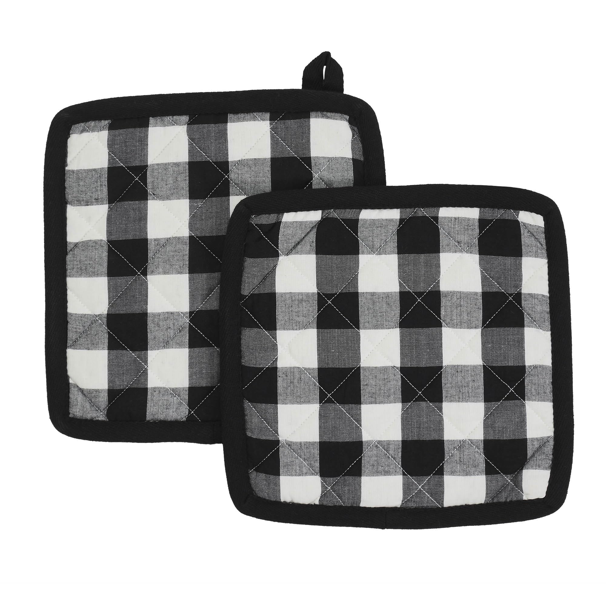 VHC BrandsCotton Pot Holder Set of 2, Heat Resistant, Kitchen Potholders, Annie Buffalo Check Collection, Square 8x8, Country Black & White Checkered