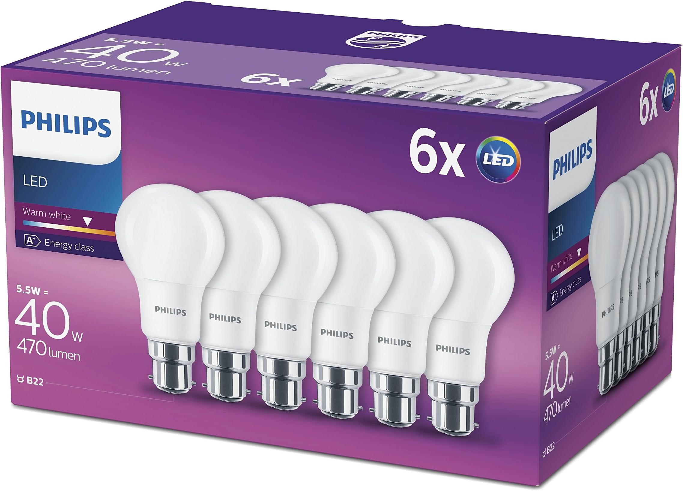 Philips LED B22 Frosted Light Bulbs, 5.5 W (40 W) - Warm White, Pack of 6