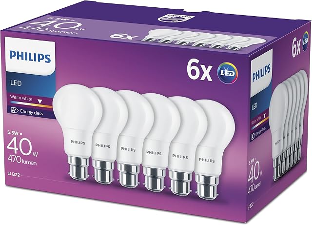 Philips LED B22 Frosted Light Bulbs, 5.5 W (40 W) - Warm White, Pack of 6
