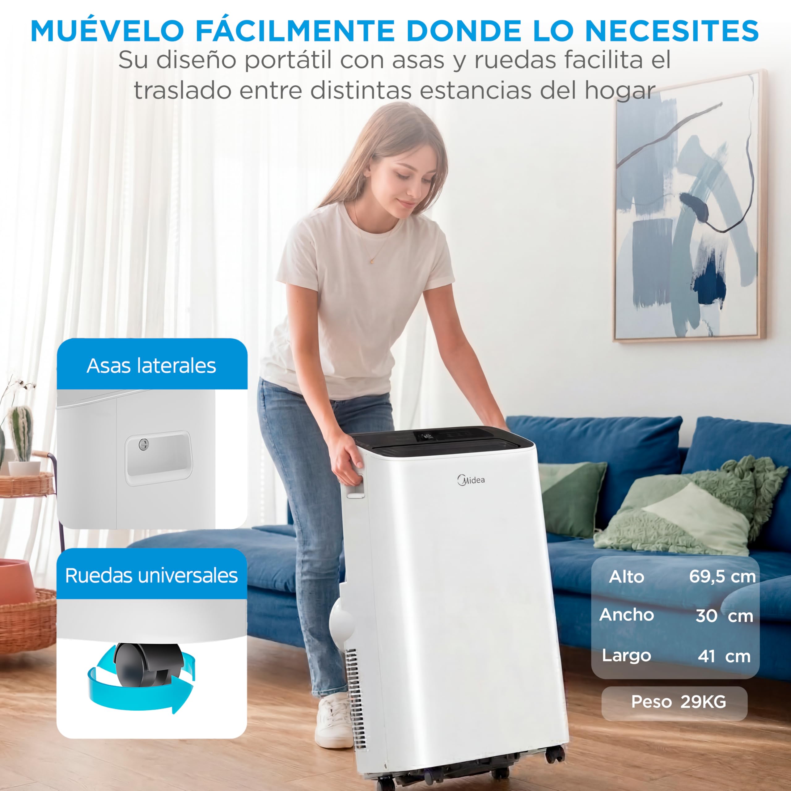 MIDEA Pingüino Aire Acondicionado Portátil 4 en 1 | 3000 Frigorías/12.000 BTU con Control por App | Climatizador y Deshumidificador hasta 35m2 - Modo Sleep, Mando a Distancia | Incluye kit de ventana