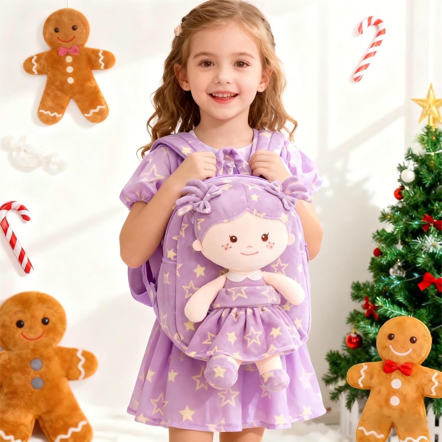 Onetoo Toddler Backpacks Back to School Gifts for Girls Kids Backpack with Soft Tanned Baby Dolls in Purple Star Dress 9" - Image 4