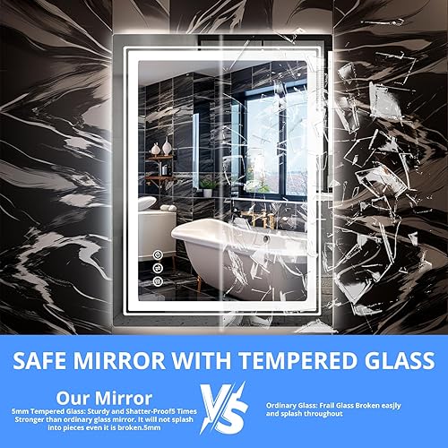 Miniatura 5 de Fangflower Espejo LED de 36 x 28 pulgadas para baño con luces integradas, espejos de pared iluminados con antiempañamiento, memoria, regulable, 3