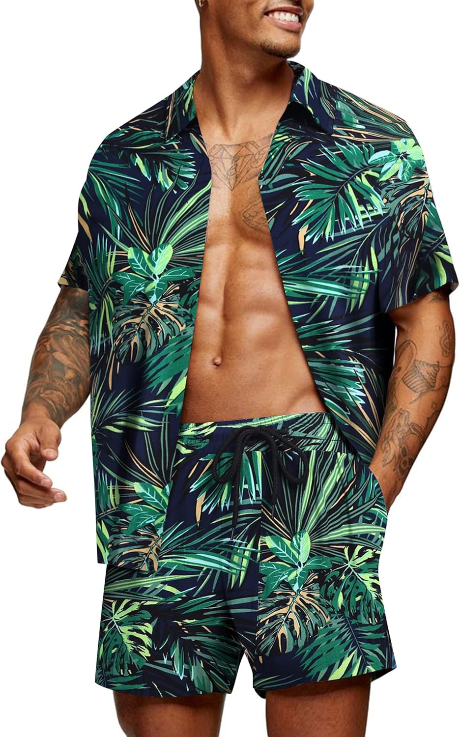 COOFANDY Men's Hawaiian Matching Set Summer Beach 2 Piece Outfits Flower Button Down Shirts and Shorts Vacation Outfits