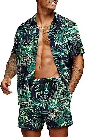COOFANDY Men's Hawaiian Matching Set Summer Beach 2 Piece Outfits Flower Shirts and Shorts