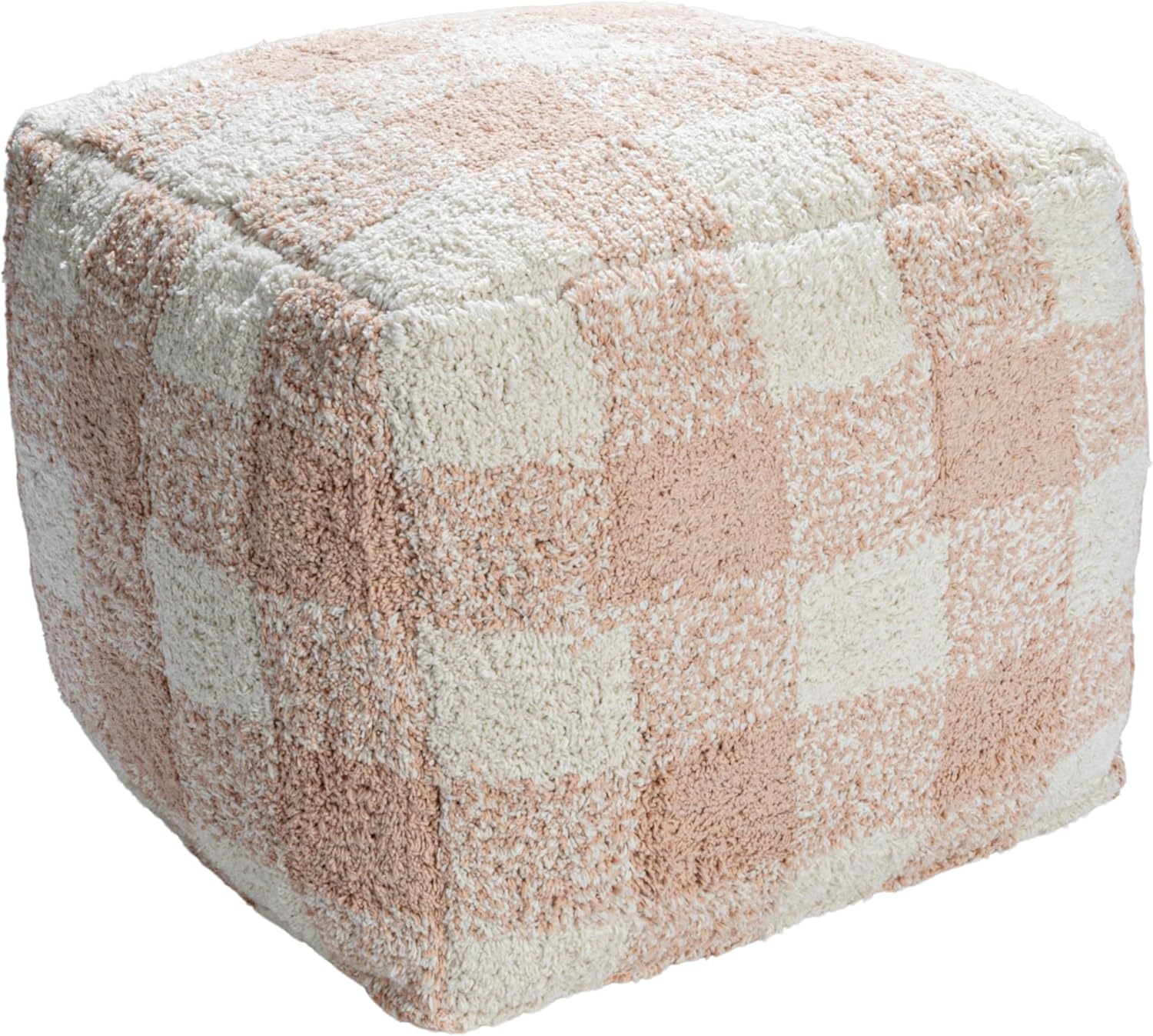 Creative Co-Op Cotton Tufted Pouf with Plaid Pattern, Blush and Cream