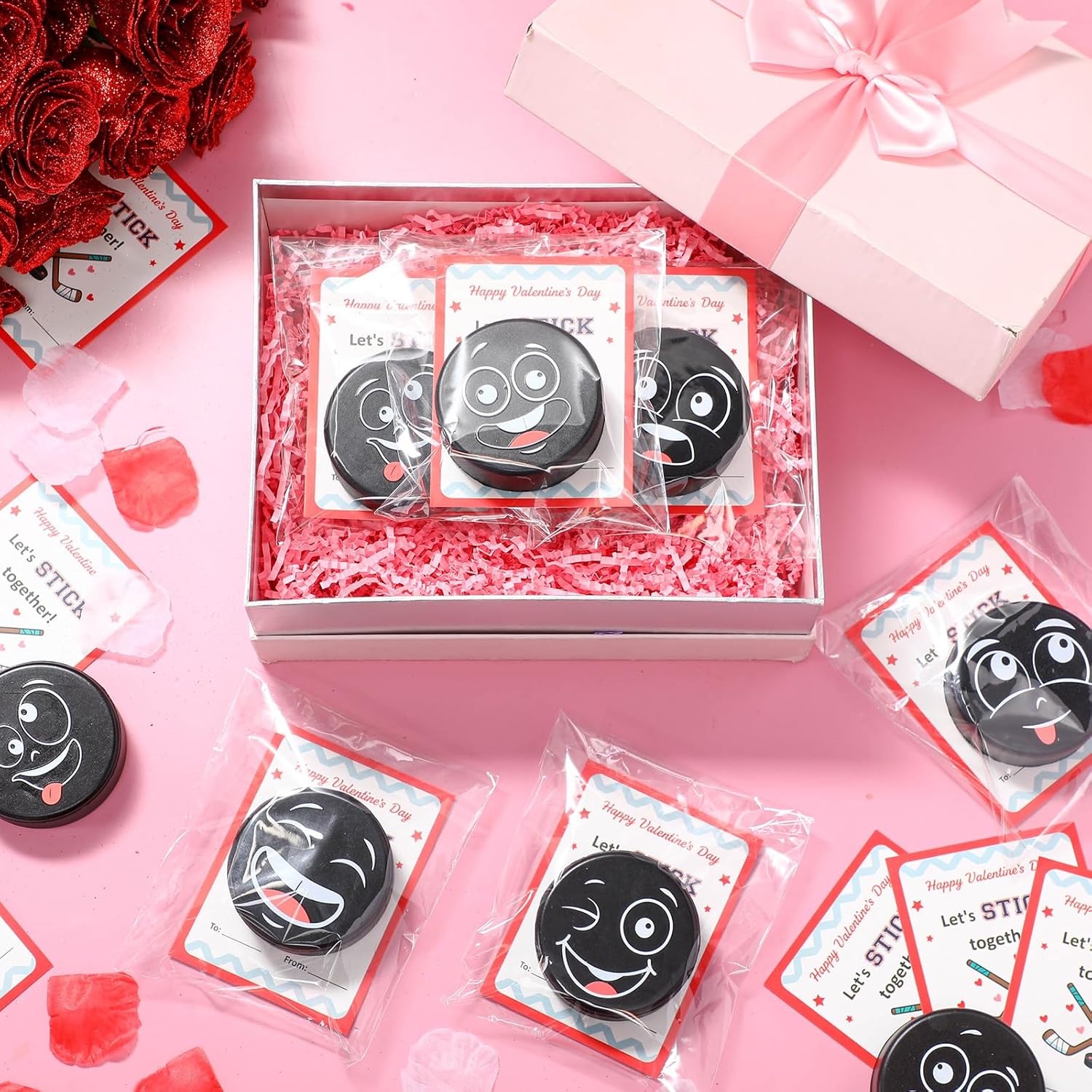 Wettarn 30 Sets Valentines Day Sports Gifts for Kids Classroom Foam Ice Hockey Pucks Mini Hockey Ball Toys with Class Exchange Cards and Mesh Bag for Boys School Birthday Party Favors Prizes Treats