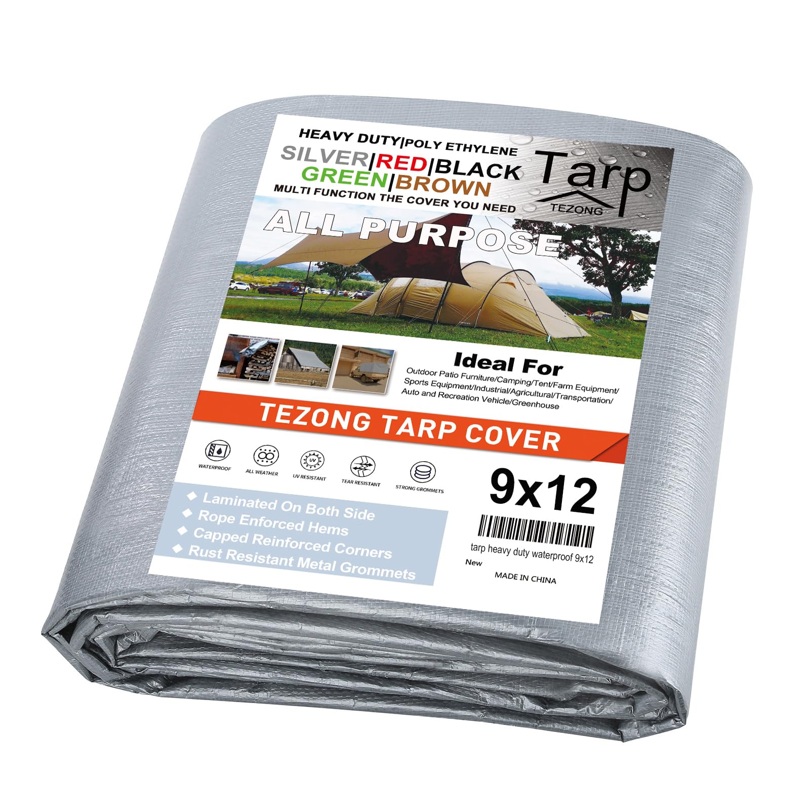 Tarps Heavy Duty Waterproof 9x12ft,TEZONG Silver Tarp 12Mil Plastic Tarpaulin Outdoor Tarp Cover for Emergency Rain,Patio Furniture,Wood,Roof,Camping,