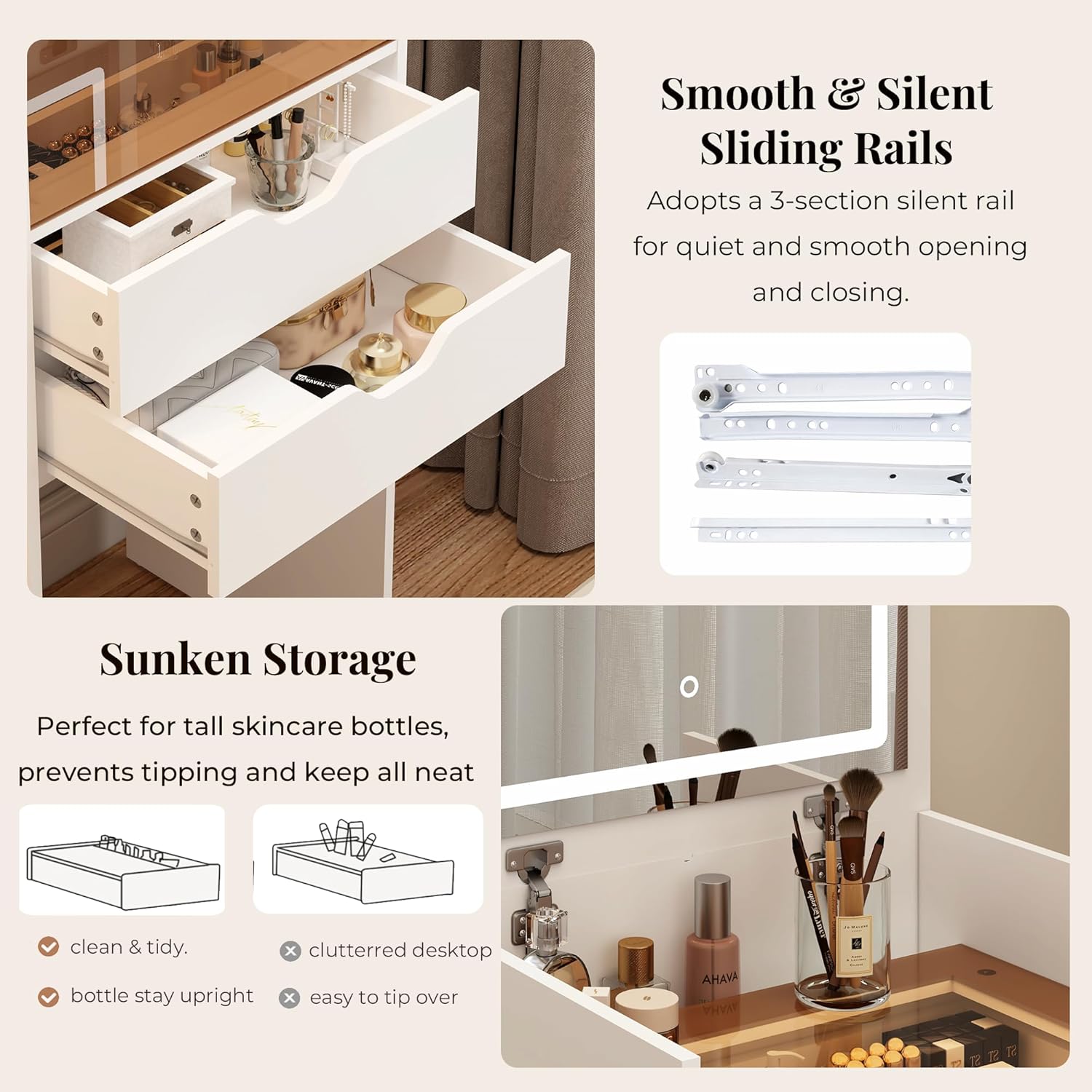 3 in 1 Small Vanity Desk with Mirror and Lights, Space Saving Makeup Vanity with Hidden Stool & Storage, Compact Vanity Table with 3 Color LED Mirror for Bedroom (White)