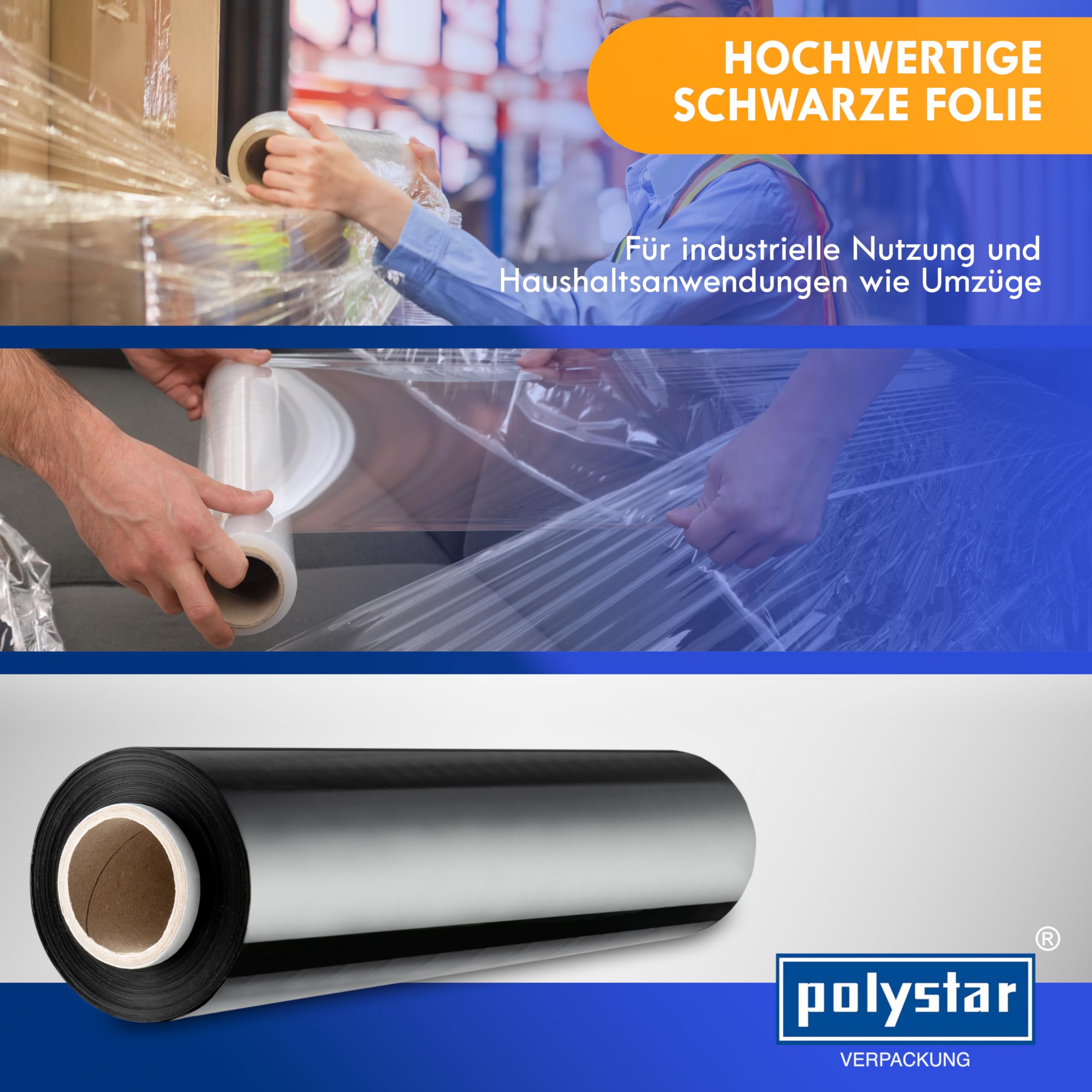 polystar Stretchfolie schwarz Stretchfolienrolle, 500 mm breit, 23 my, 250 Meter | Wickelfolie für Umzug | Palettenfolie für Transport (18x Hand-Stretchfolie schwarz, 500 mm breit, 23 my)