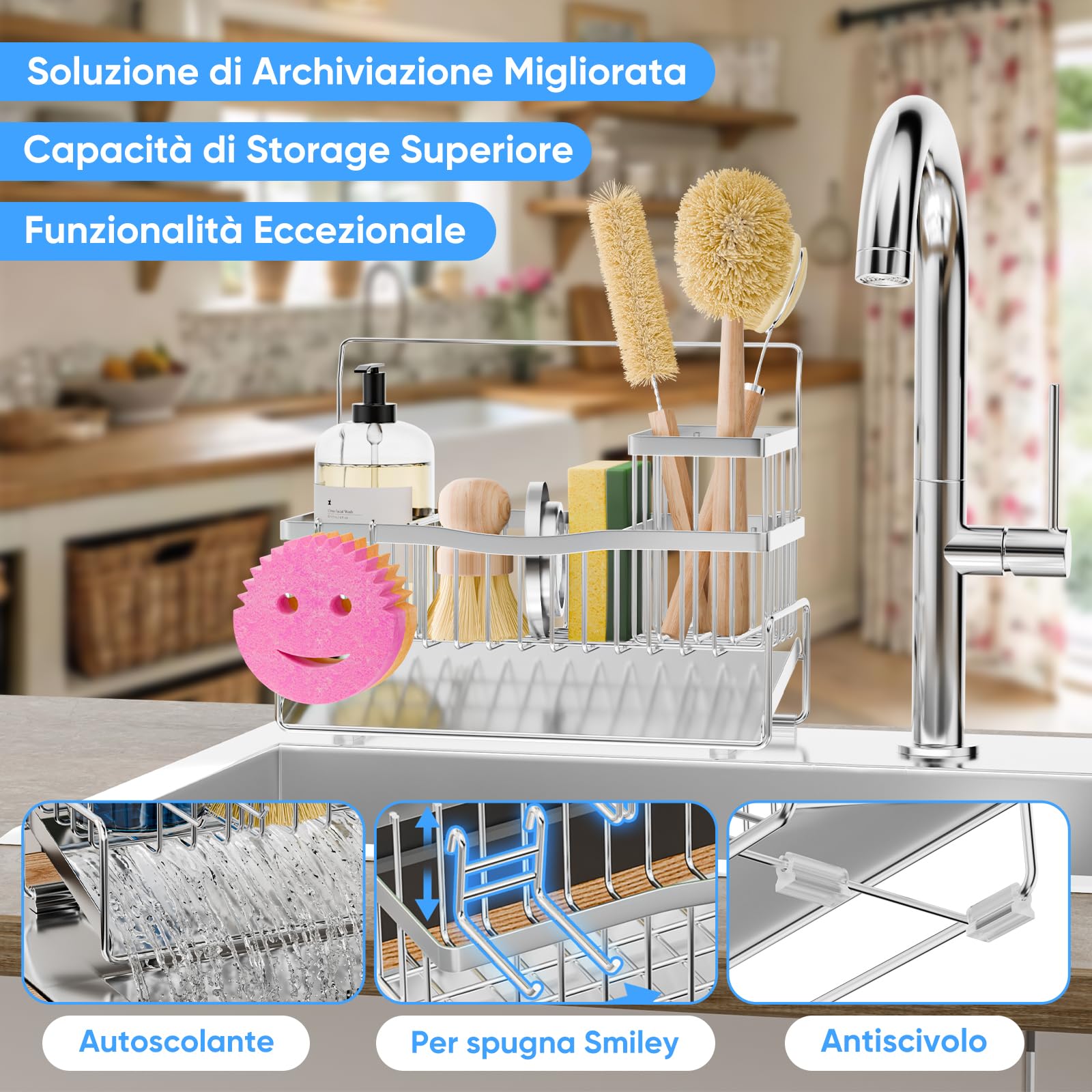 Organizer Cucina Porta Spugna per Lavello Autosvuotante in Acciaio Inossidabile con Portaspazzole Alto Gancio per Spugna Porta Asciugamani e Divisore Organizer per Gadget per Bancone, Argento