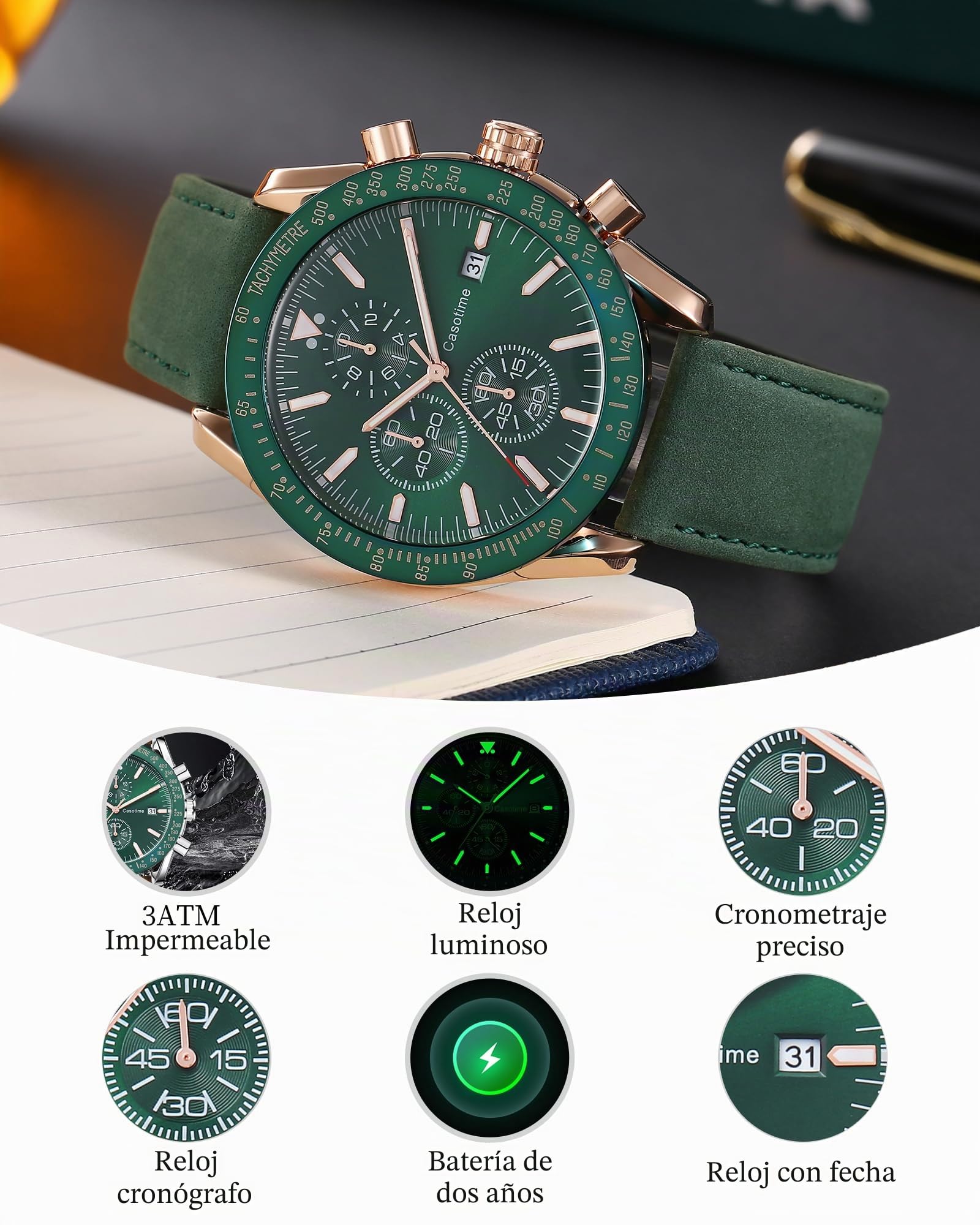 Casotime Reloj Cronógrafo Hombre de Cuero - Resistente al Agua 30M, Cuarzo Analógico con Fecha, Esfera Grande - Clásico y Elegante para Día a Día, Trabajo & Deporte - Regalo Elegante para Hombres