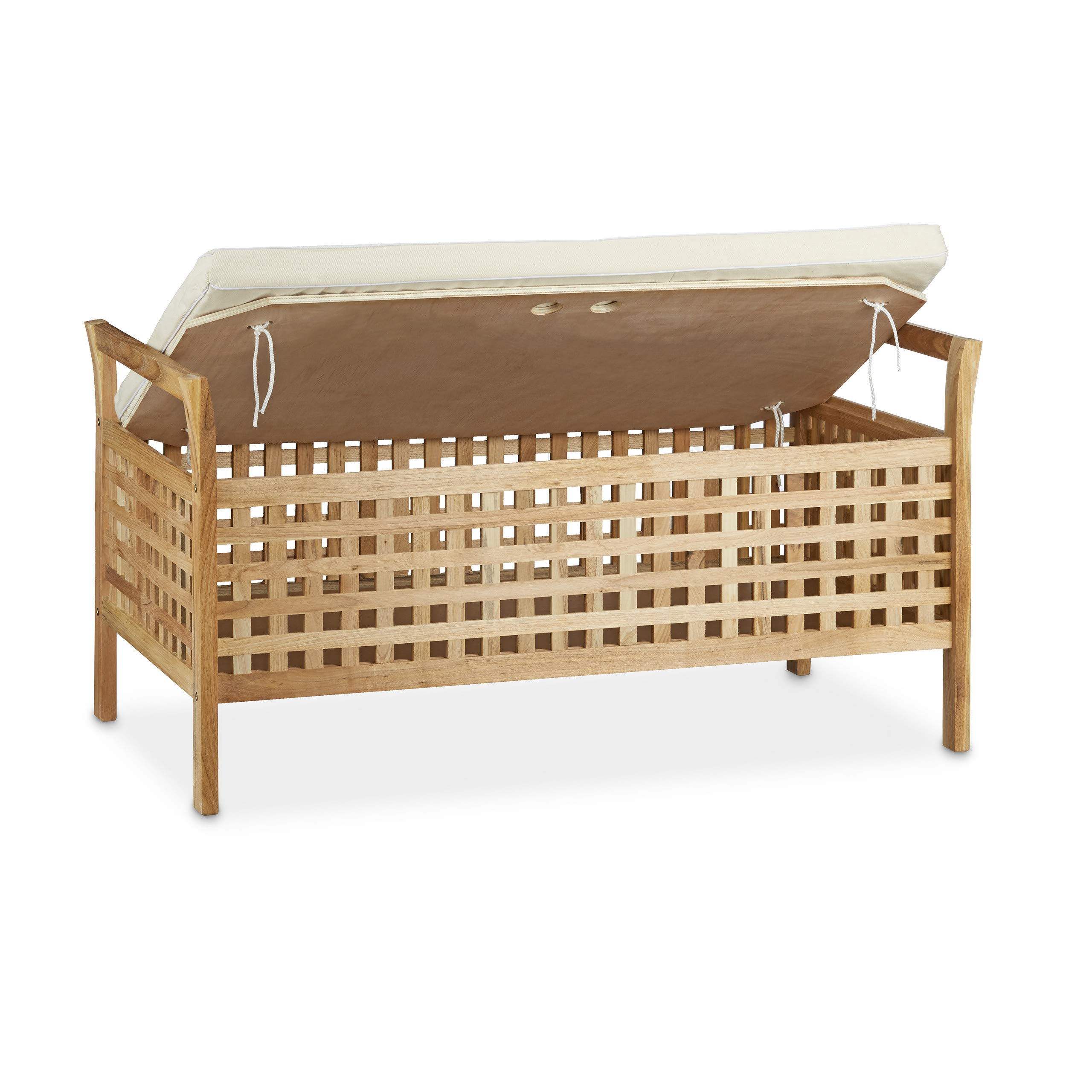Relaxdays Cassapanca Contenitore, Panca in Legno, Cuscino, Camera da Letto, Ingresso, Porta Giochi, Naturale Bianco, Lino, Marrone, 1