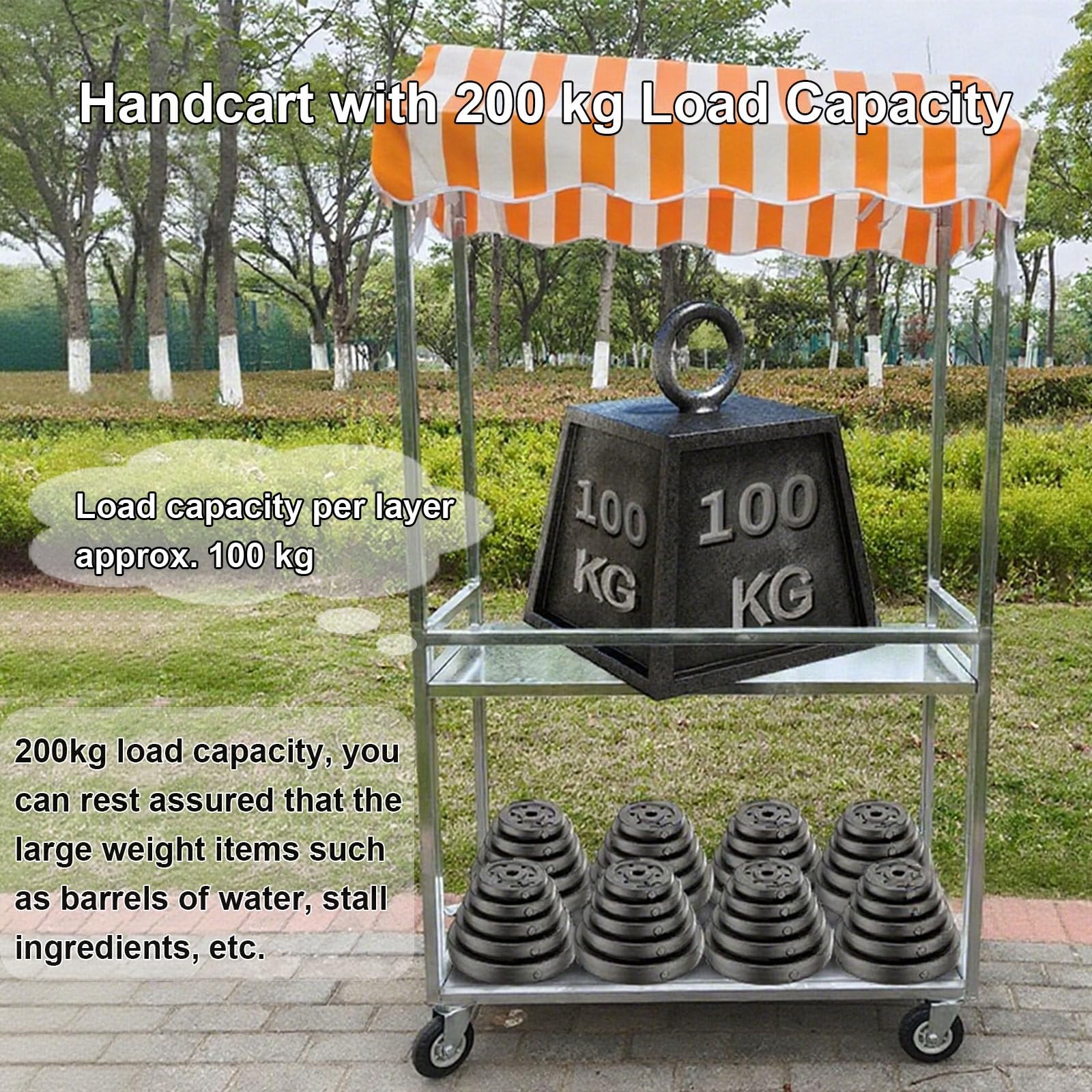 Verkaufswagen Mit Universalrädern, Outdoor-Verkaufswagen, 2-Stöckiger, Tragbarer Lebensmittelständer, Für Märkte, Feste Und Streetfood, Verzinktes Blech, 200 kg Tragkraft,120x60cm-Orange