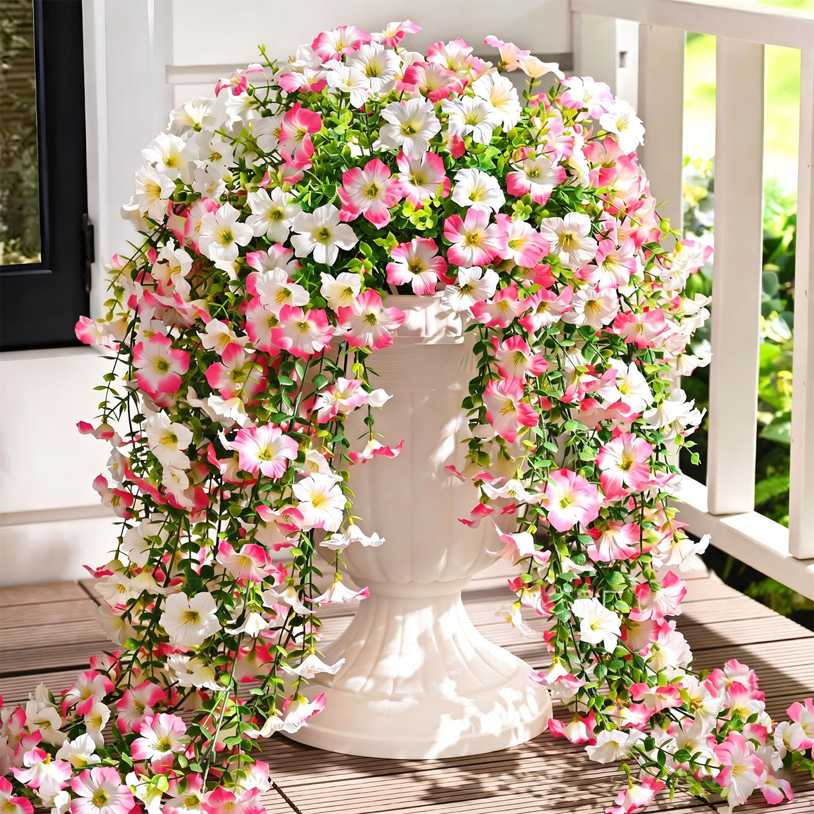 Artificial Hanging Flowers Outdoor, 4 Pcs 78cm Artificial Petunia Hanging Plants, Fake Petunia UV Resistant Artificial Trailing Plants for Hanging Baskets Garden Yard Patio Decor (White Pink Gradient)