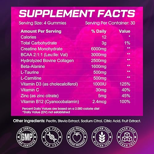 Miniatura 7 de Gomitas de monohidrato de creatina 6000MG pre-entrenamiento para mujeres, gomitas de creatina con colágeno, BCAA 211, zinc y taurina para el apoyo