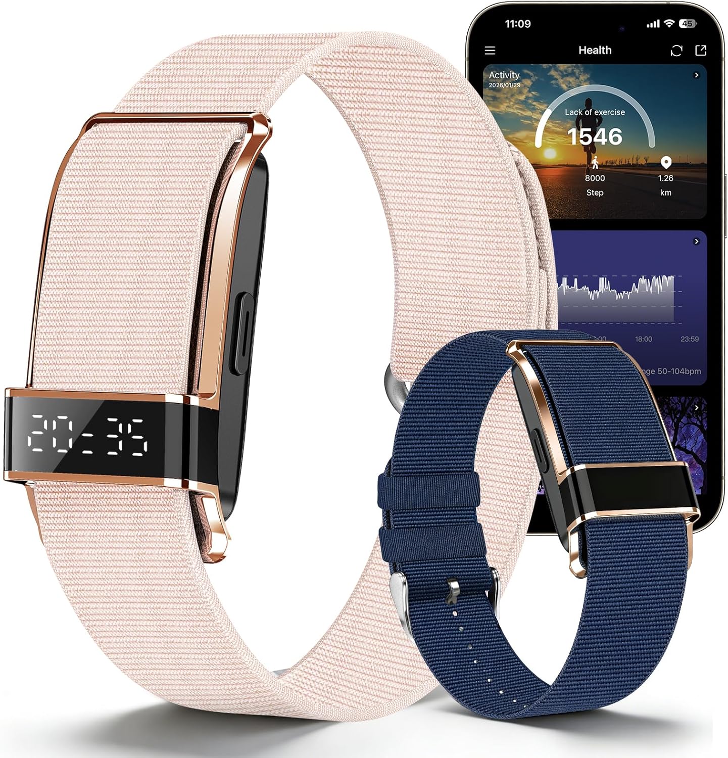 Fitness Trackers Smart Wristband With Hidden Screen(Wrist-Raise Screen Activation)Activity & Sleep Tracker with Heart Rate/HRV/Blood Oxygen, Vibration Alerts, Free APP (Rose Gold, Universal Size)