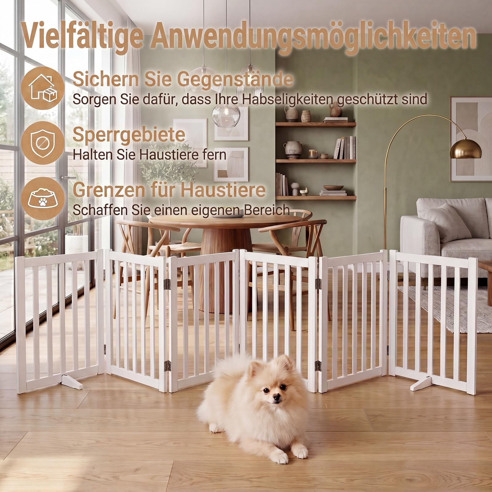 GYMAX 6-teilig Absperrgitter Hund, 61cm Hoch Schutzgitter aus Holz mit 360° Scharnieren & Dreibeinstand, Hundegitter, freistehendes Türschutzgitter für Türen, Treppen
