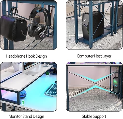 Miniatura 5 de Besiost Escritorio para juegos de 47.2 pulgadas con LED, escritorio de computadora con 47 tomas, escritorio pequeño para espacio pequeño, escritorio