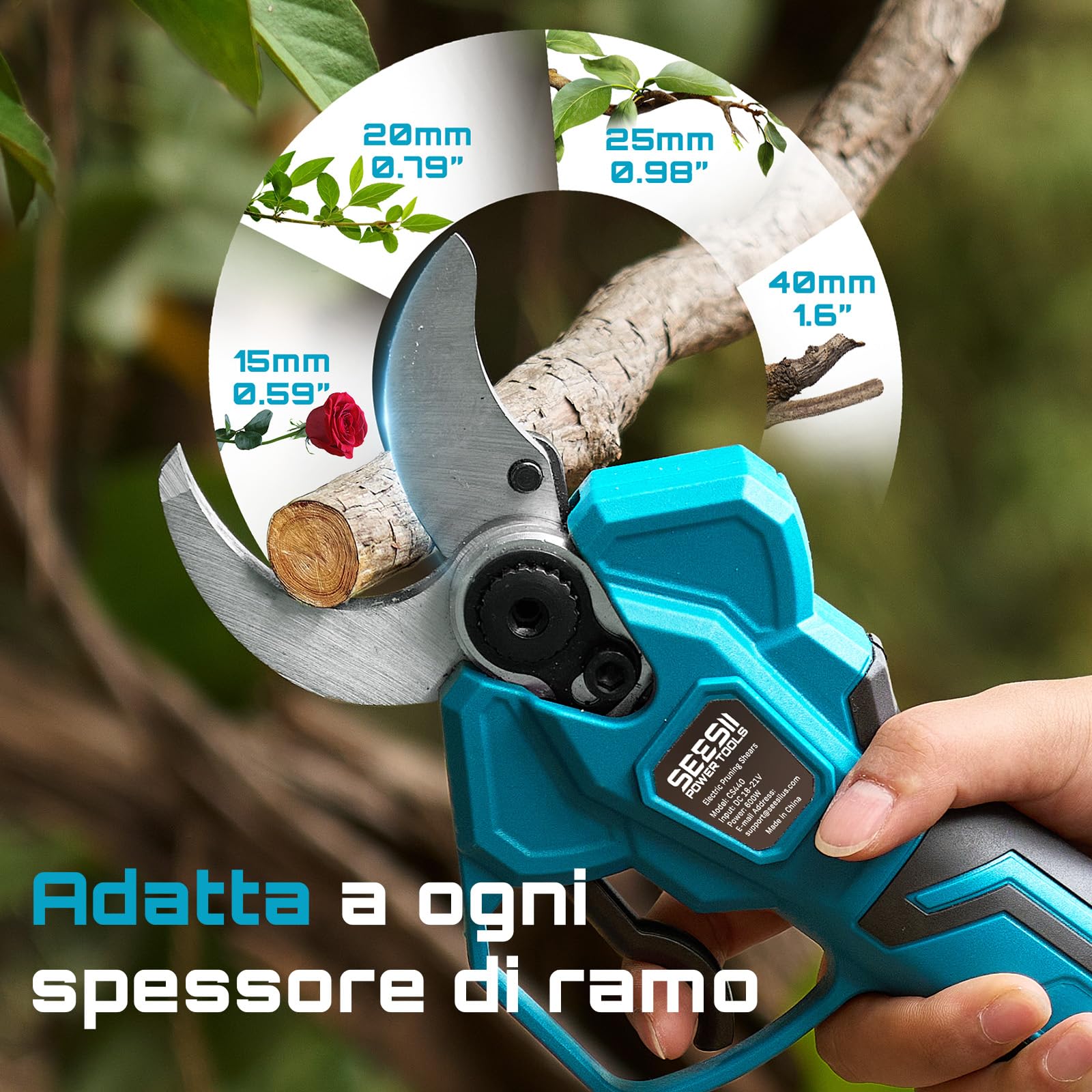 SEESII Forbici Potatura a Batteria 40 mm – Forbici Elettriche con 2× 4000mAh Batterie, Lama SK5, Motore Senza Spazzole, Schermo LCD, per Frutteti, Paesaggistica e Giardinaggio Professionale, CS440