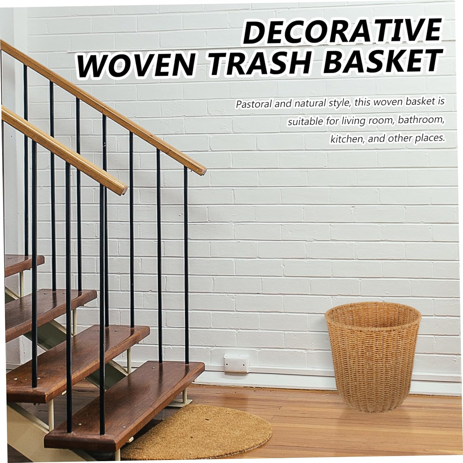 Happyyami Imitation Rattan Woven Waste Basket Trash Bin for Home Storage and Organization Medium Rustic Sundries Holder for Bedroom Living Study
