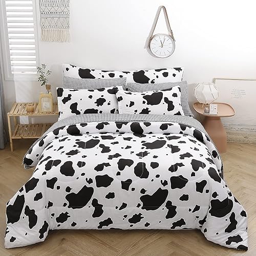 SUCSES Juego de edredón de vaca tamaño King de 8 piezas, juego de ropa de cama en blanco y negro, ropa de cama de piel de vaca en una bolsa,