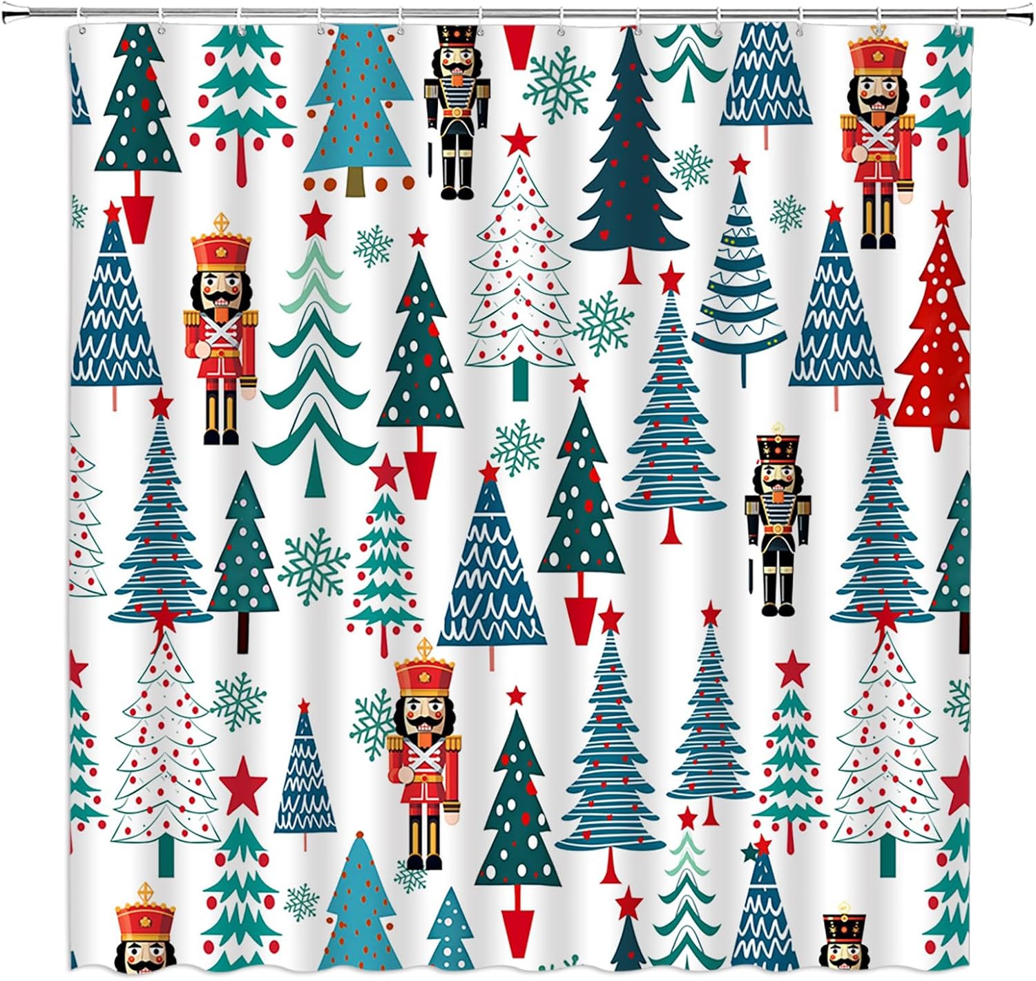 Christmas Extra Long Shower Curtain Blue Red Xmas Tree Snowflake Winter Holiday Cartoon Fabic with Hooks for Bathroom Decor,70x84 Inch