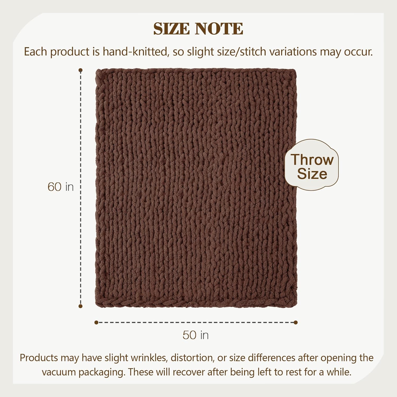 Carriediosa Chunky Knit Throw Blanket 50" X 60", 100% Hand Made Large Chenille Loop Yarn Soft Fluffy Throws for Couch Sofa Bed, Big Crochet Cozy Heavy Thick Cable Woven Blanket, Cocoa Brown - Image 3