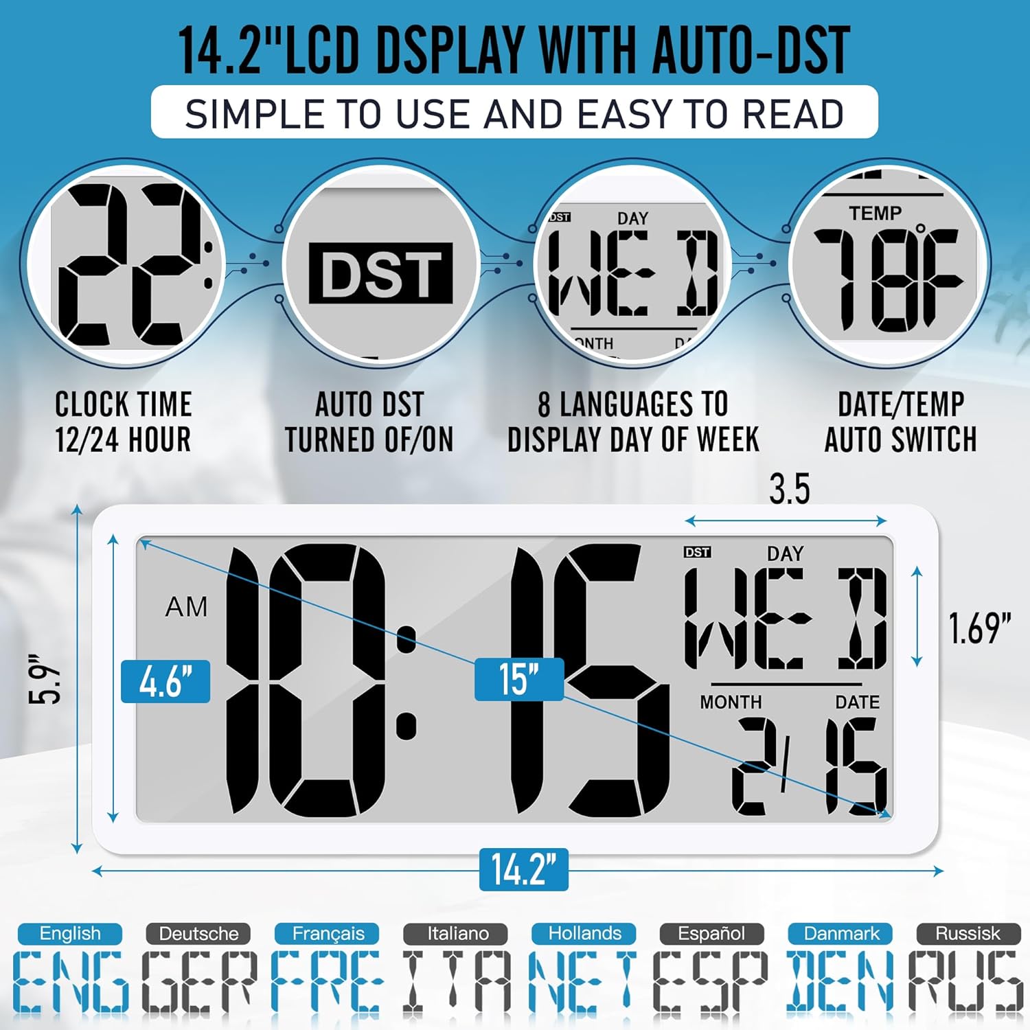 15.2" Large Digital Wall Clock Battery Operated with Jumbo Numbers, Temperature and Date - Easy to Read and Set, Auto DST(4.6" Numbers)