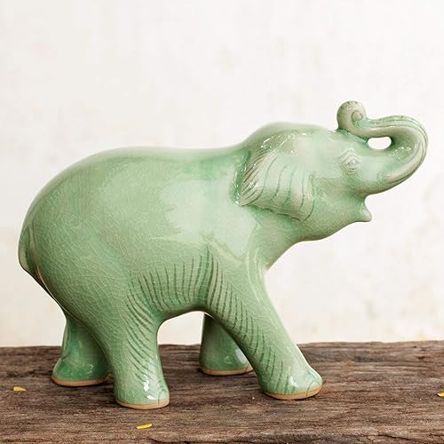 Miniatura 3 de Novica Laughing Elephant Celadon - Figura de cerámica