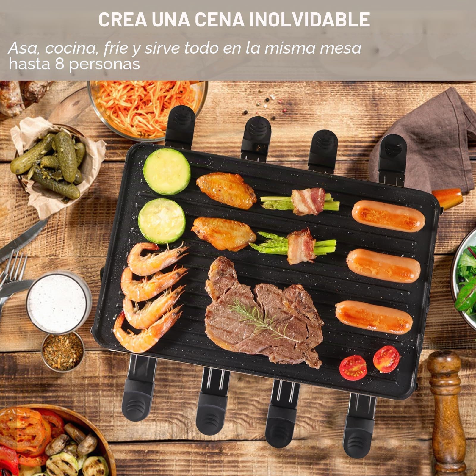 HengBO Raclette 8 Personas - 2 en 1 Raclette Grill con 8 Mini Sartenes y Reversible para Grill y Crepes - 1300 W