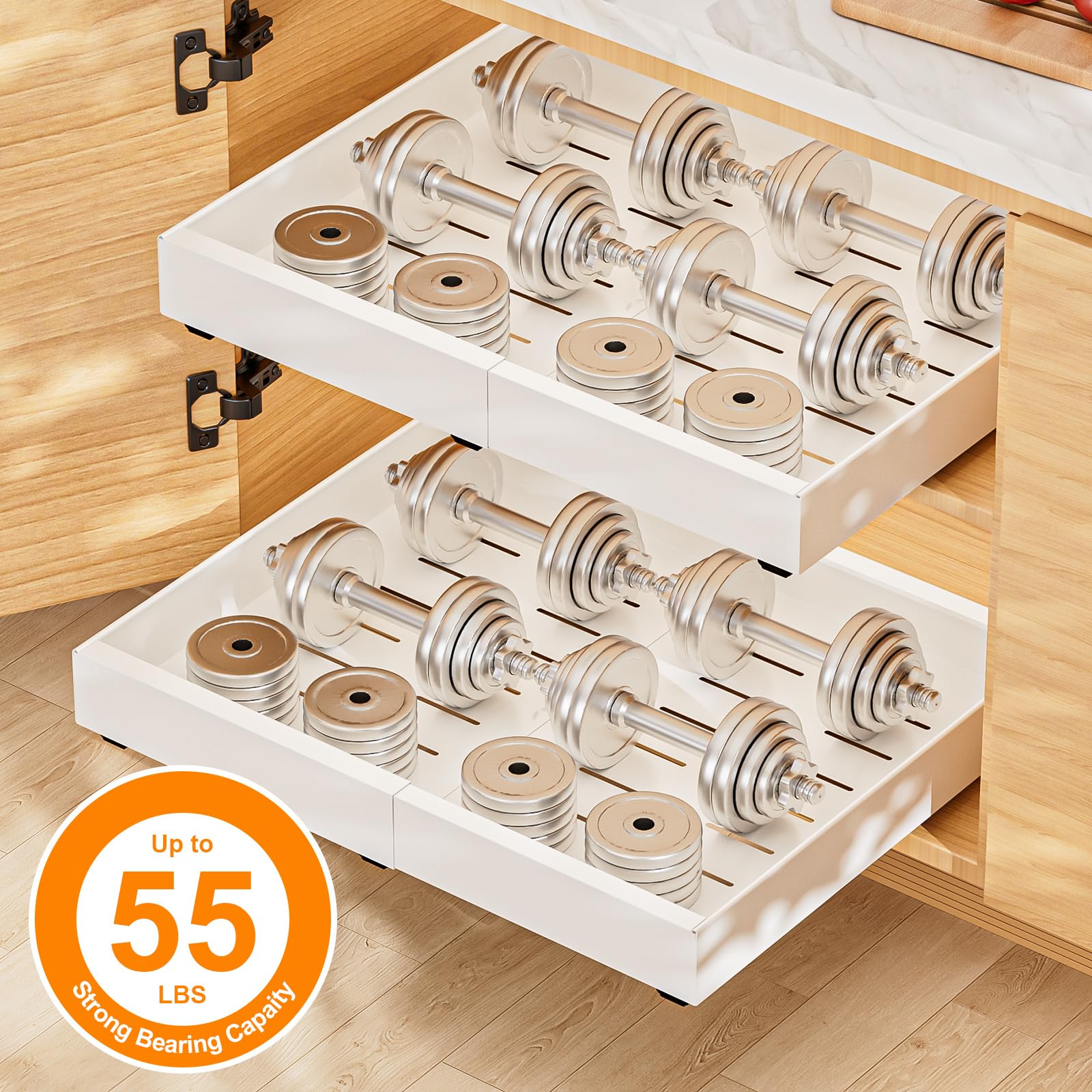 Diealles Shine Teleskopschublade, 2 Stück Einstellbare Breite 31-52CM Ausziehbare Schublade Küche, Ohne Bohren Küchenschrank Organizer Ausziehbar für Kitchen