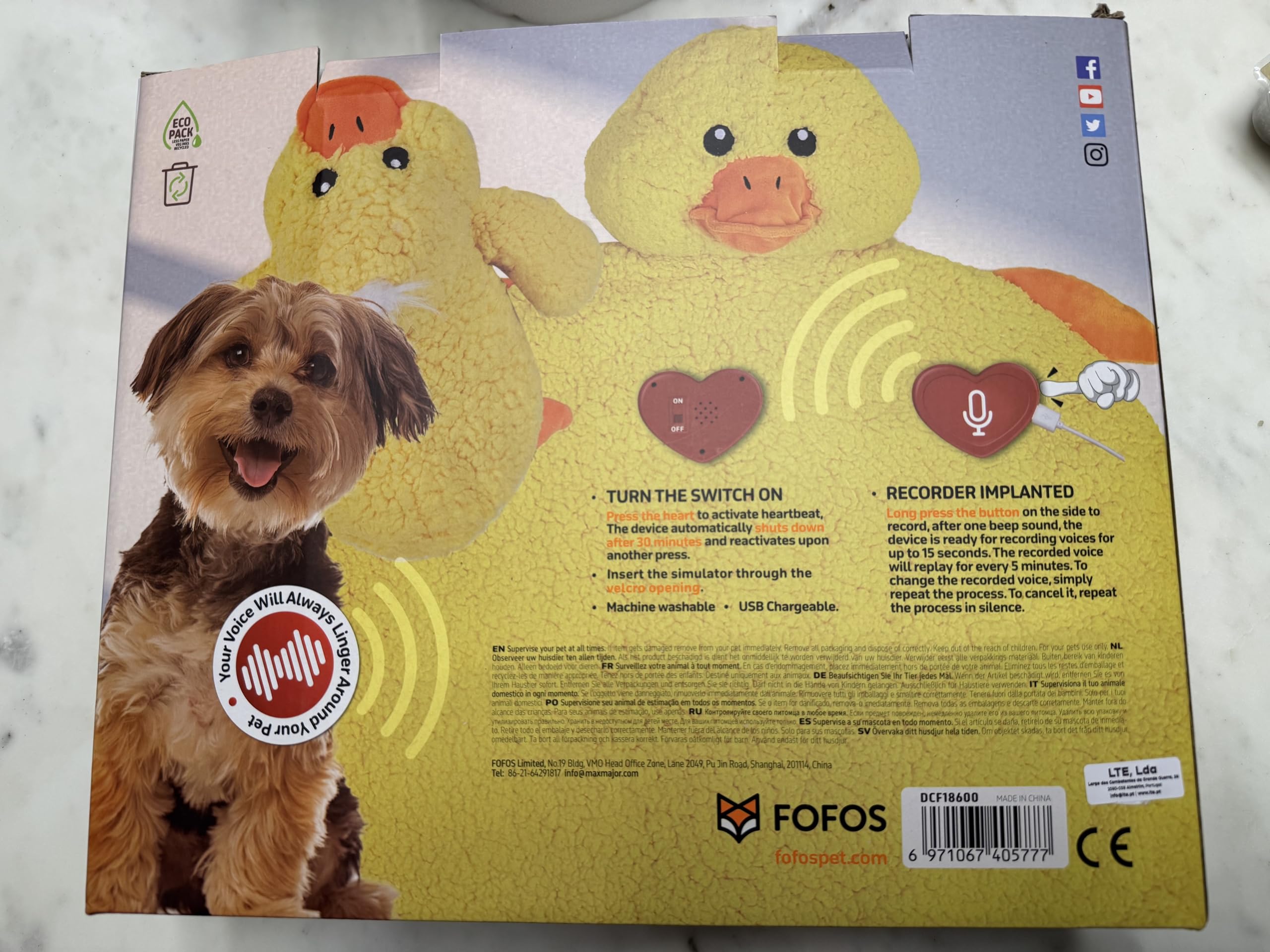 FOFOS Pato Calmante con Grabadora de Latidos y Alfombrilla - Juguete Calmante para Perros Mediano (0-20kgs) Costuras Reforzadas Mayor Durabilidad, Juguete antiestrés para Perros