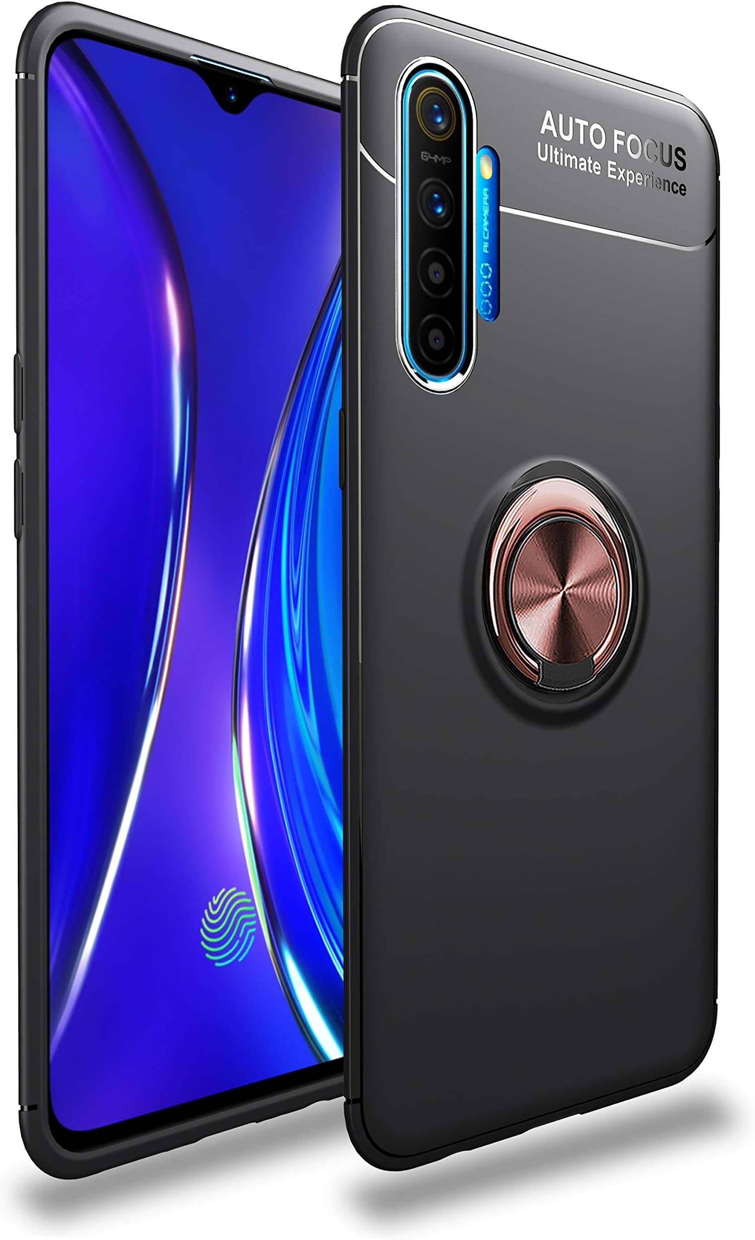 FanTings Case for Oppo Realme XT/Realme X2, 360°Adjustable Rotating Ring Bracket，Compatible with Magnetic Car Mount ，Earthquake Resistance Cover for Oppo Realme XT/Realme X2 -Black+Rose Gold