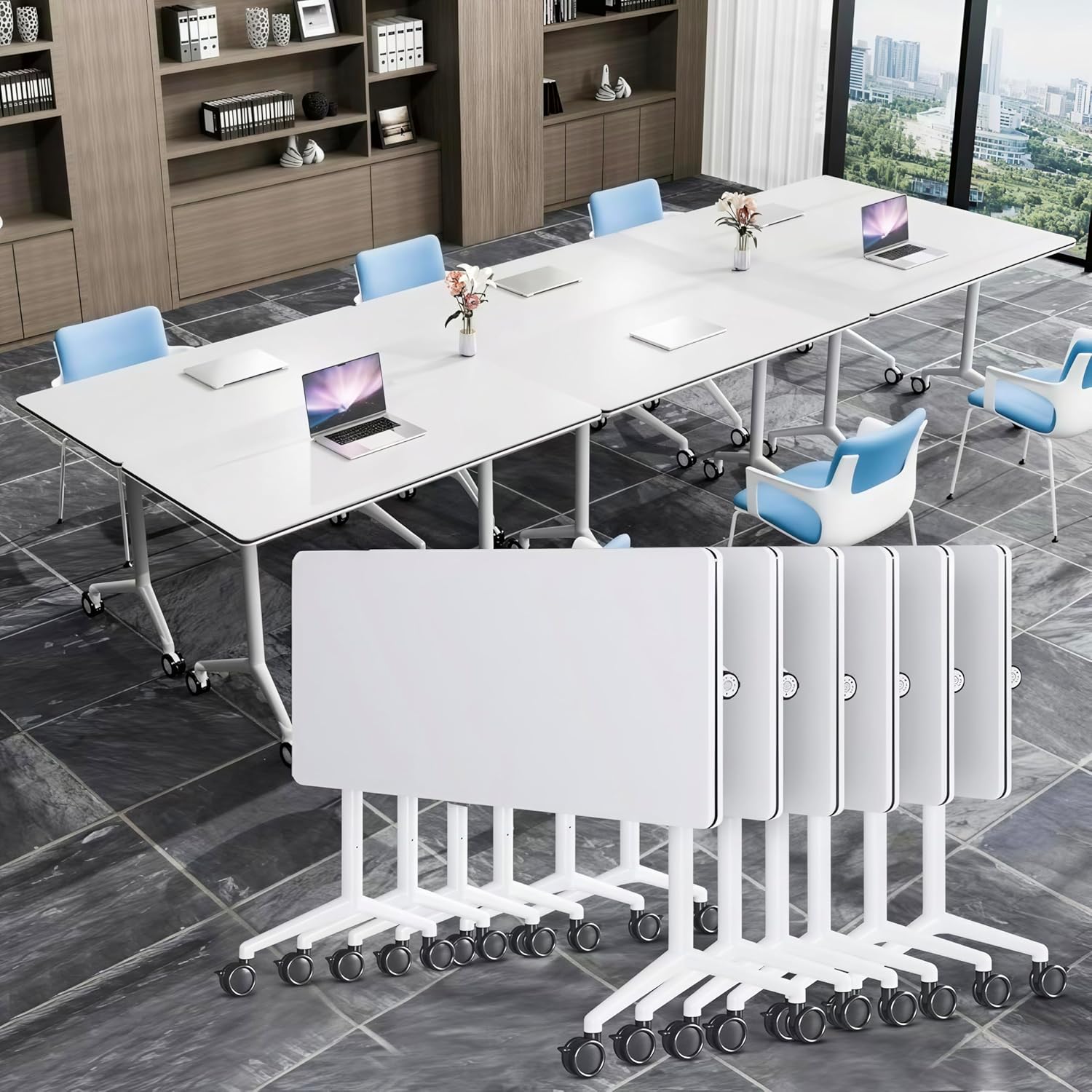 Folding Conference Room Tables with Wheels, Modular Flip Top Training Table, Mobile Rolling Seminar Meeting Table for 4-24 People,Modern Conference Tables for Office Classroom