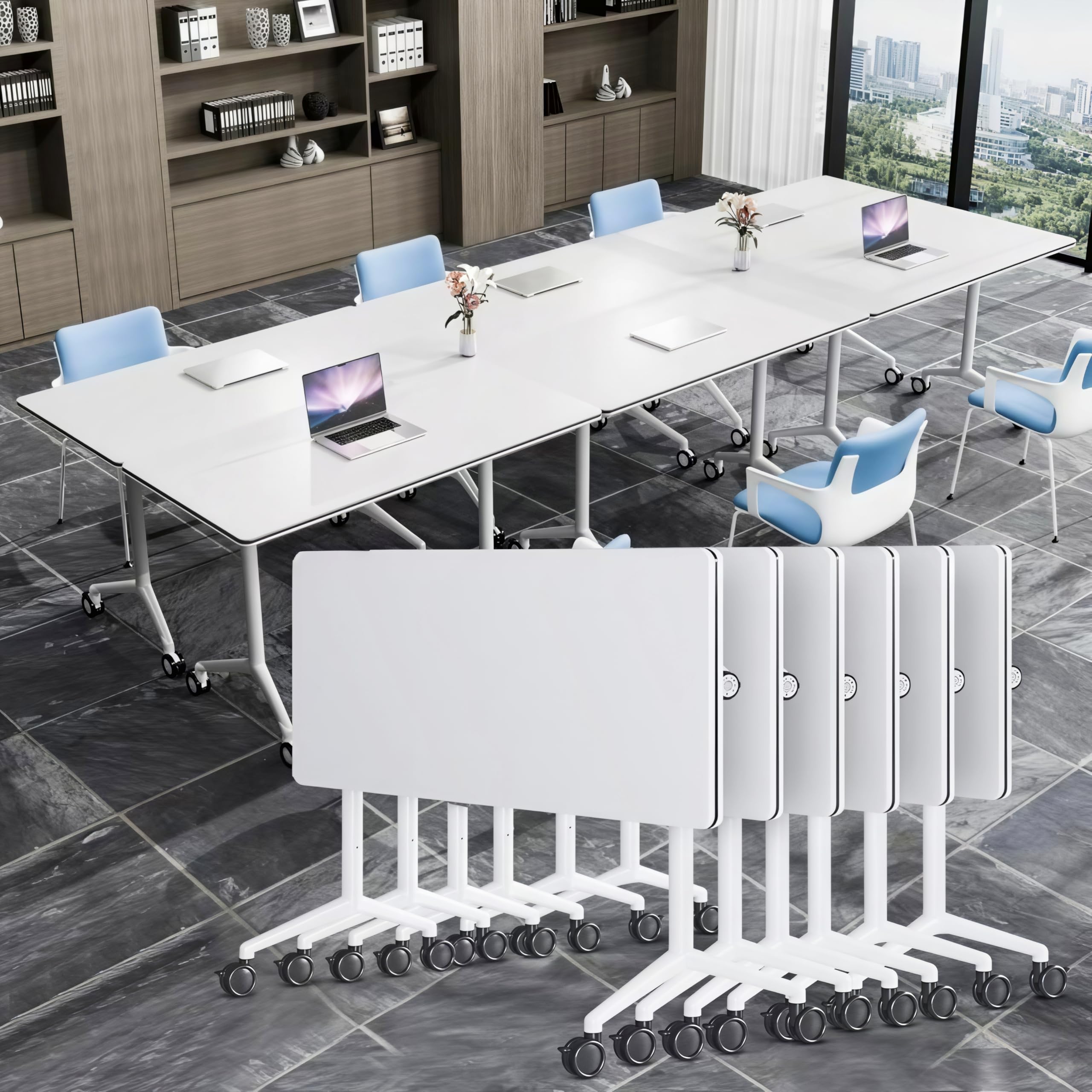 Folding Conference Room Tables with Wheels, Modular Flip Top Training Table, Mobile Rolling Seminar Meeting Table for 4-24 People,Modern Conference