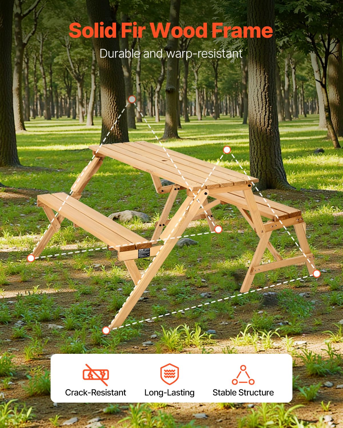 VEVOR Table de Pique-Nique Interchangeable 2 en 1 Transformable, Ensemble Table et Banc d'extérieur en Bois, Banc Pliable Portable avec Trou pour Parasol, pour Jardin, arrière-Cour, Porche, Marron
