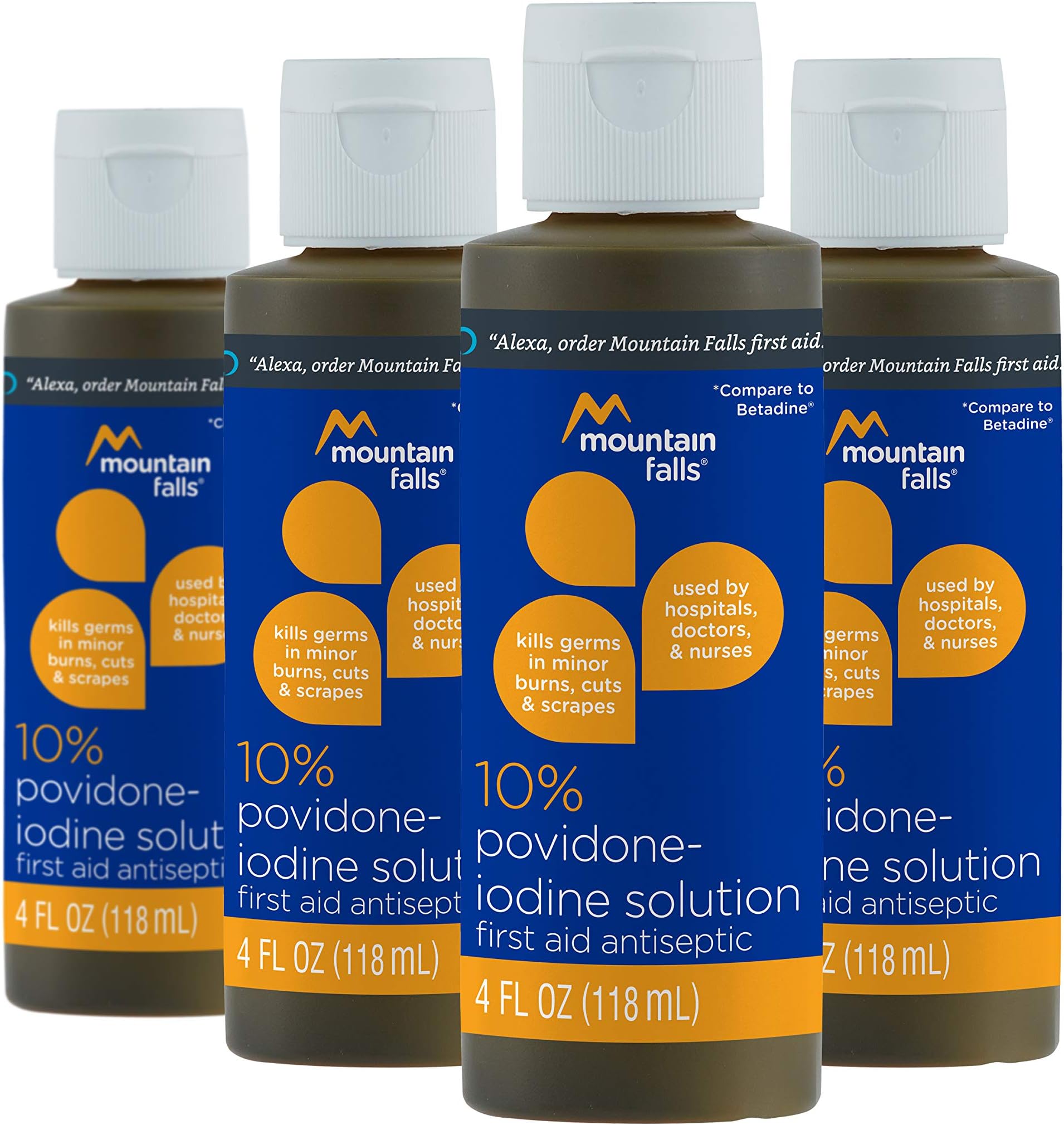 Mountain Falls 10% Povidone Iodine Solution First Aid Antiseptic, 4 Fluid Ounce (Pack of 4)