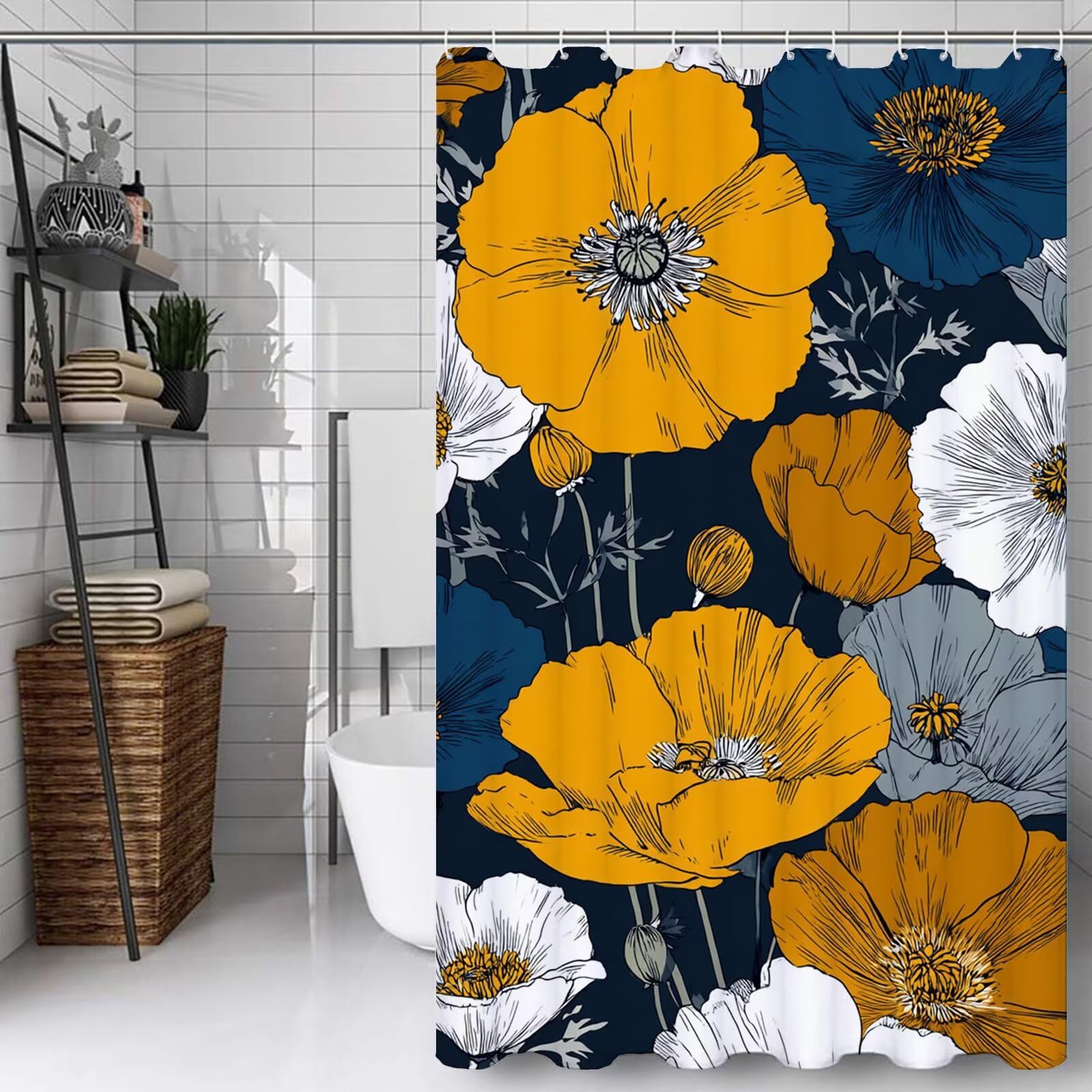 Rideau de douche textile jaune 120x200 anti-moisissure de haute qualité pour baignoire fleurie